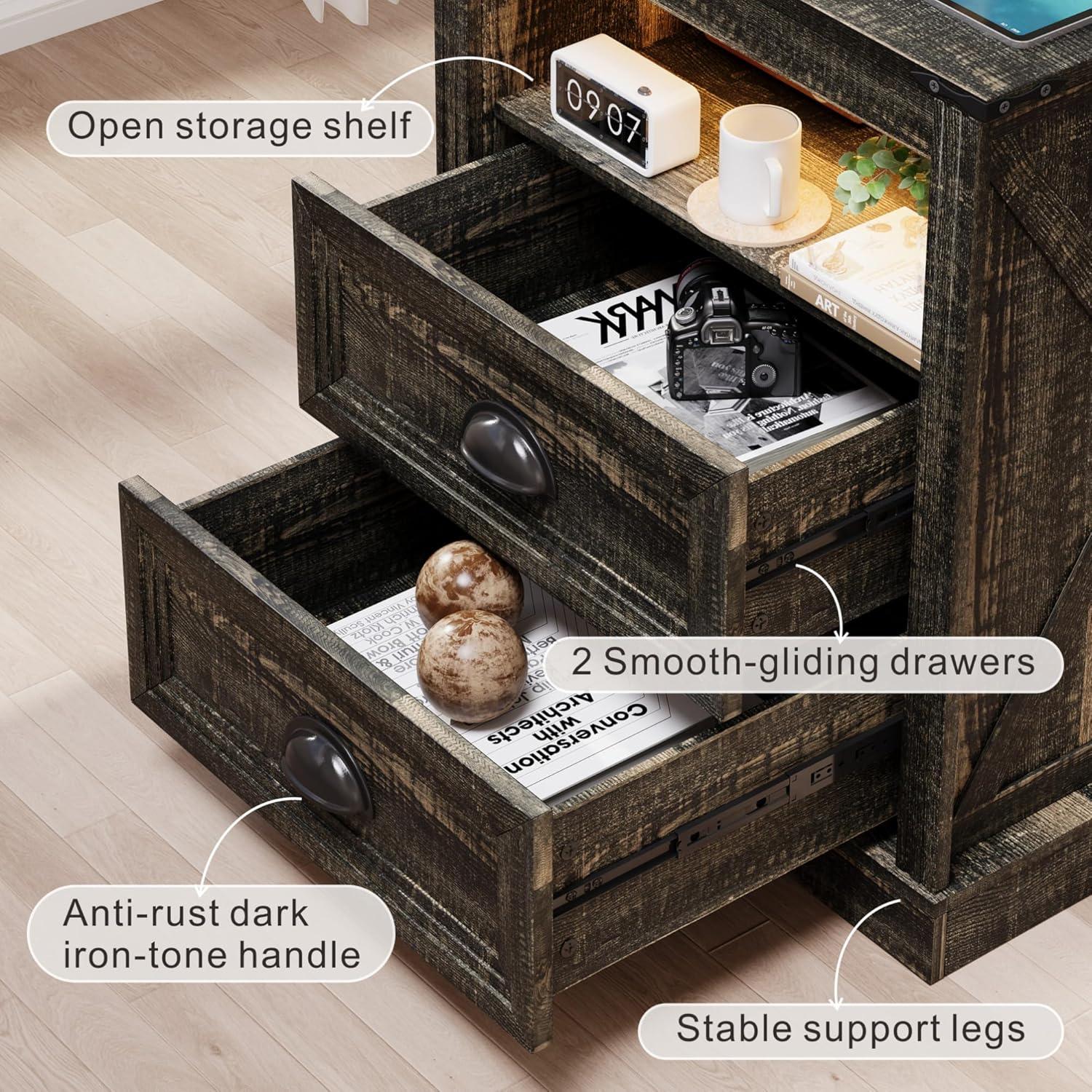 Mesita de Noche FONTOI Campestre con Carga USB y Luz LED