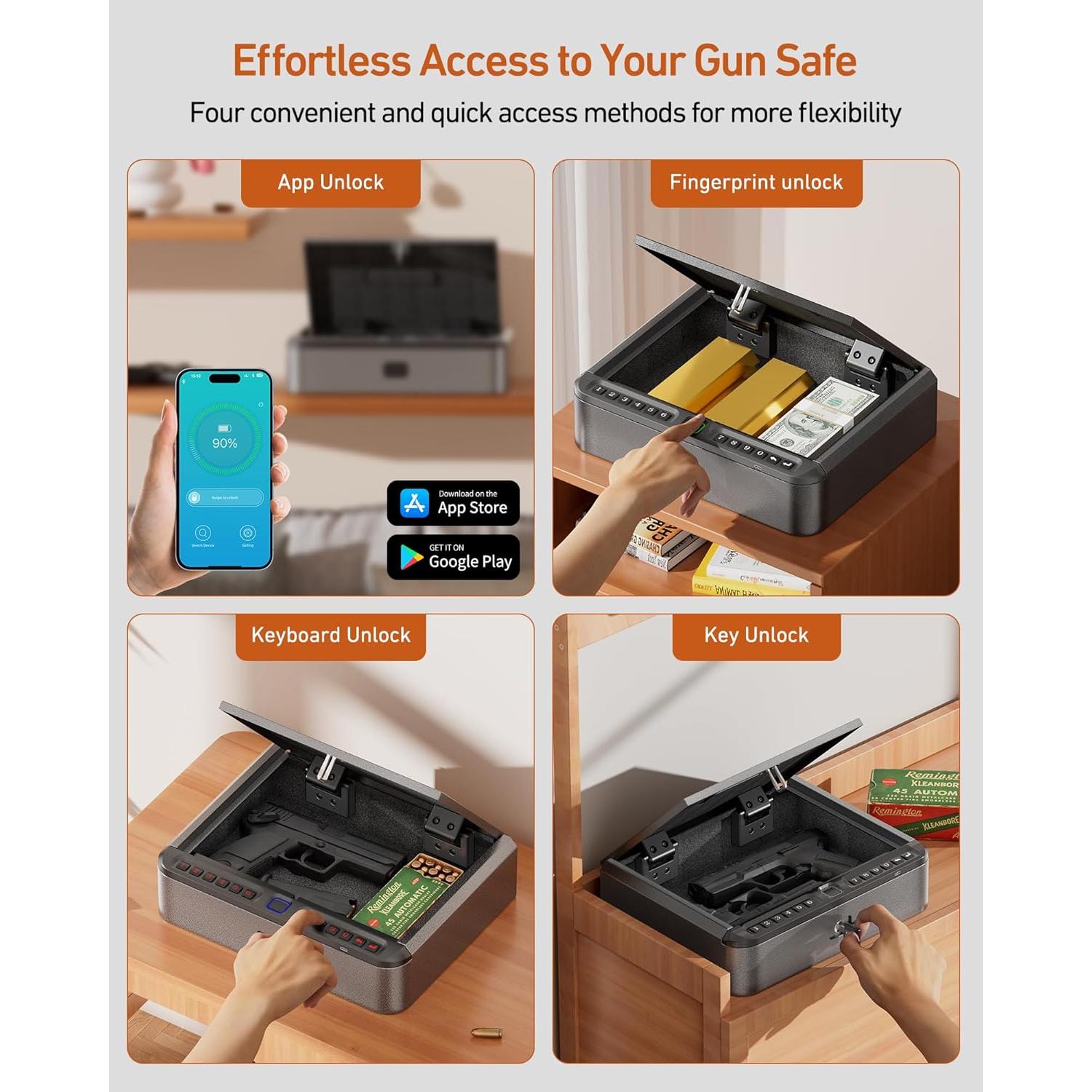 Caja Fuerte Biométrica BILLCONCH para Pistolas - 4 Métodos de Acceso