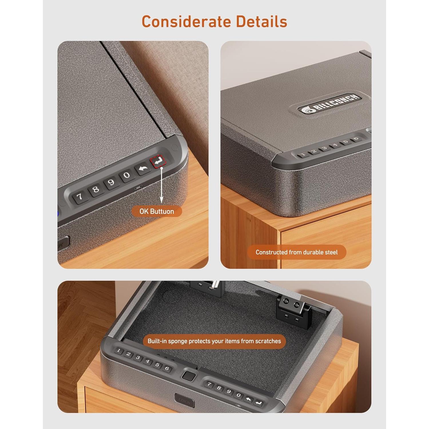 Caja Fuerte Biométrica BILLCONCH para Pistolas - 4 Métodos de Acceso