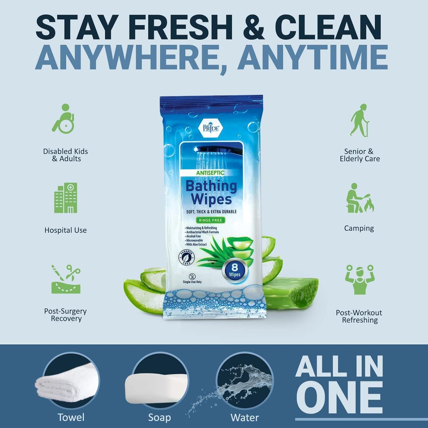 Toallitas de Baño Desechables Med Pride con Aloe Vera 96 Pzs