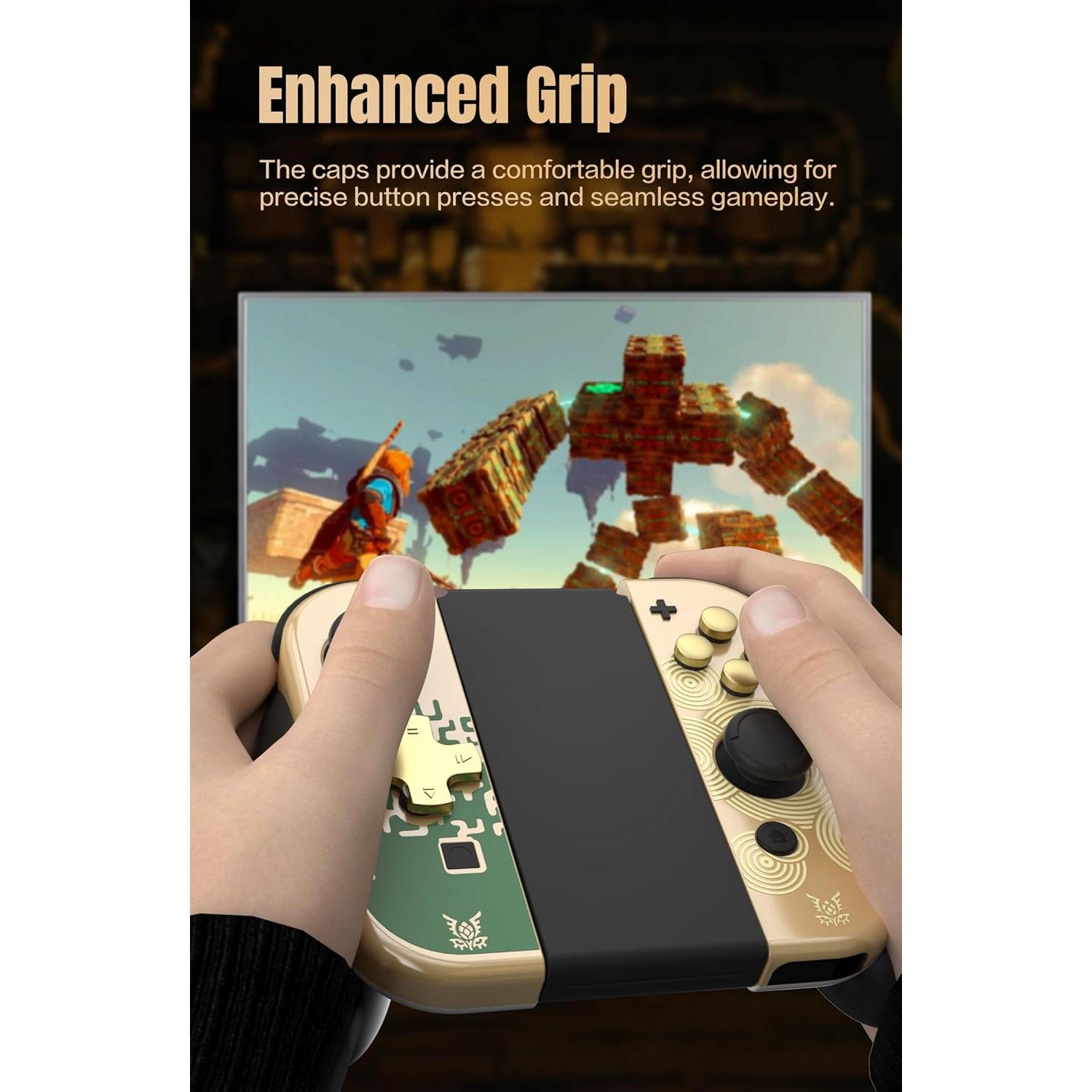 Switch Thumb Grip Caps for The Legend of Zelda: Tears of The Kingdom,Soft Silicone Joystick Cover and Switch Button Caps for Switch OLED/Switch lite (Gold)