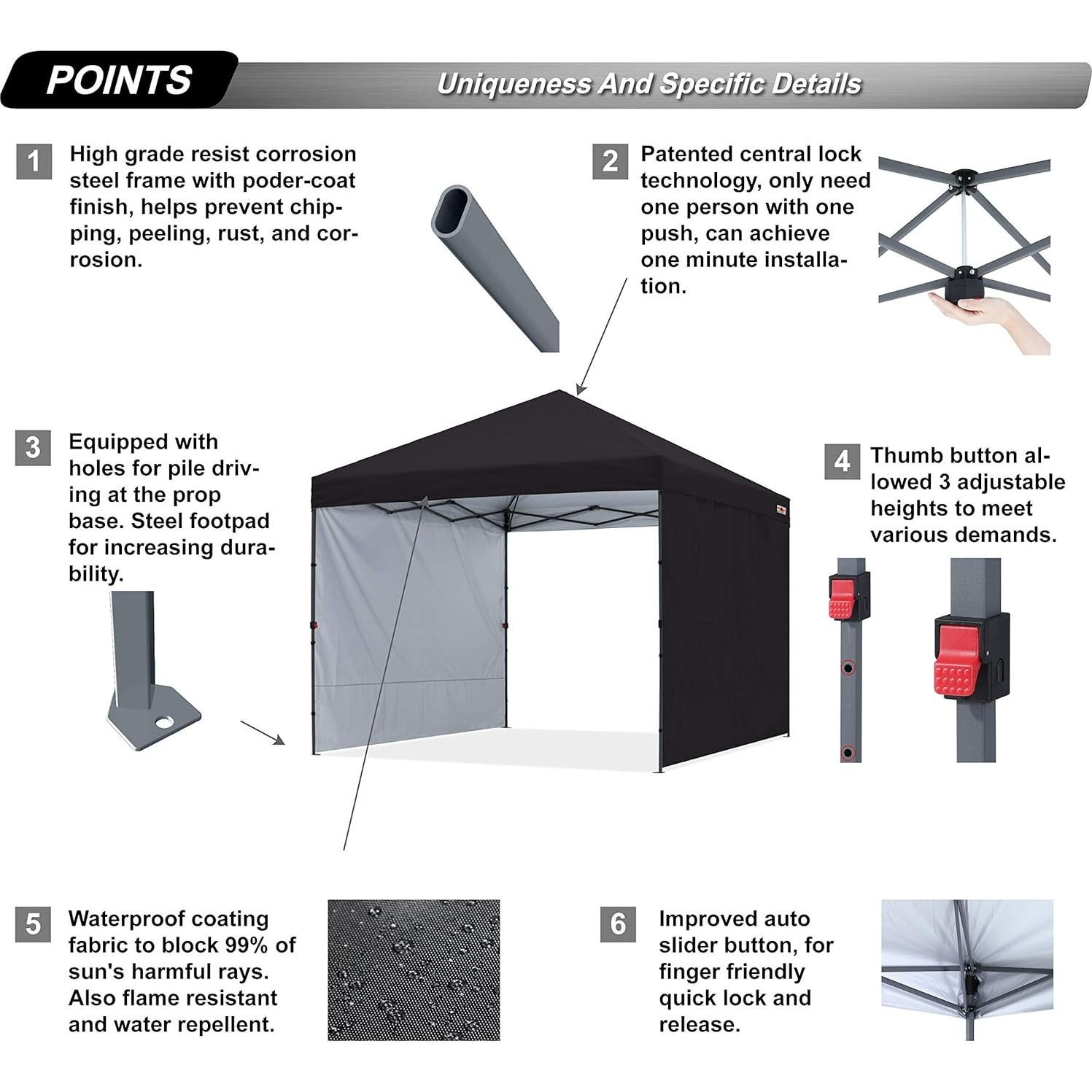 Carpa ABCCANOPY 3x3m con 2 paredes, protección UV, Negro