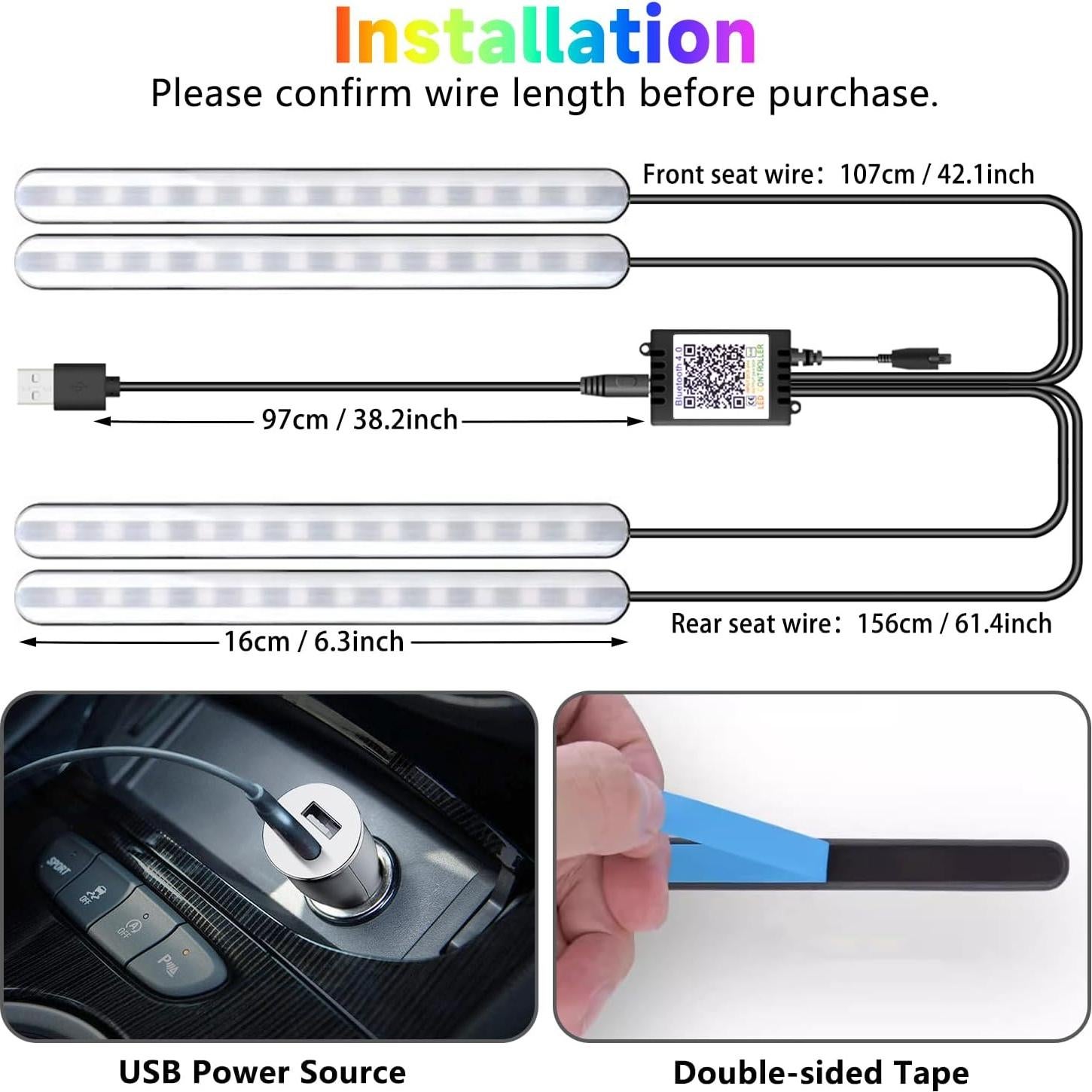 Luz LED Interior de Carro GZ5CG RGB 64cm, Control App, 29 Modos