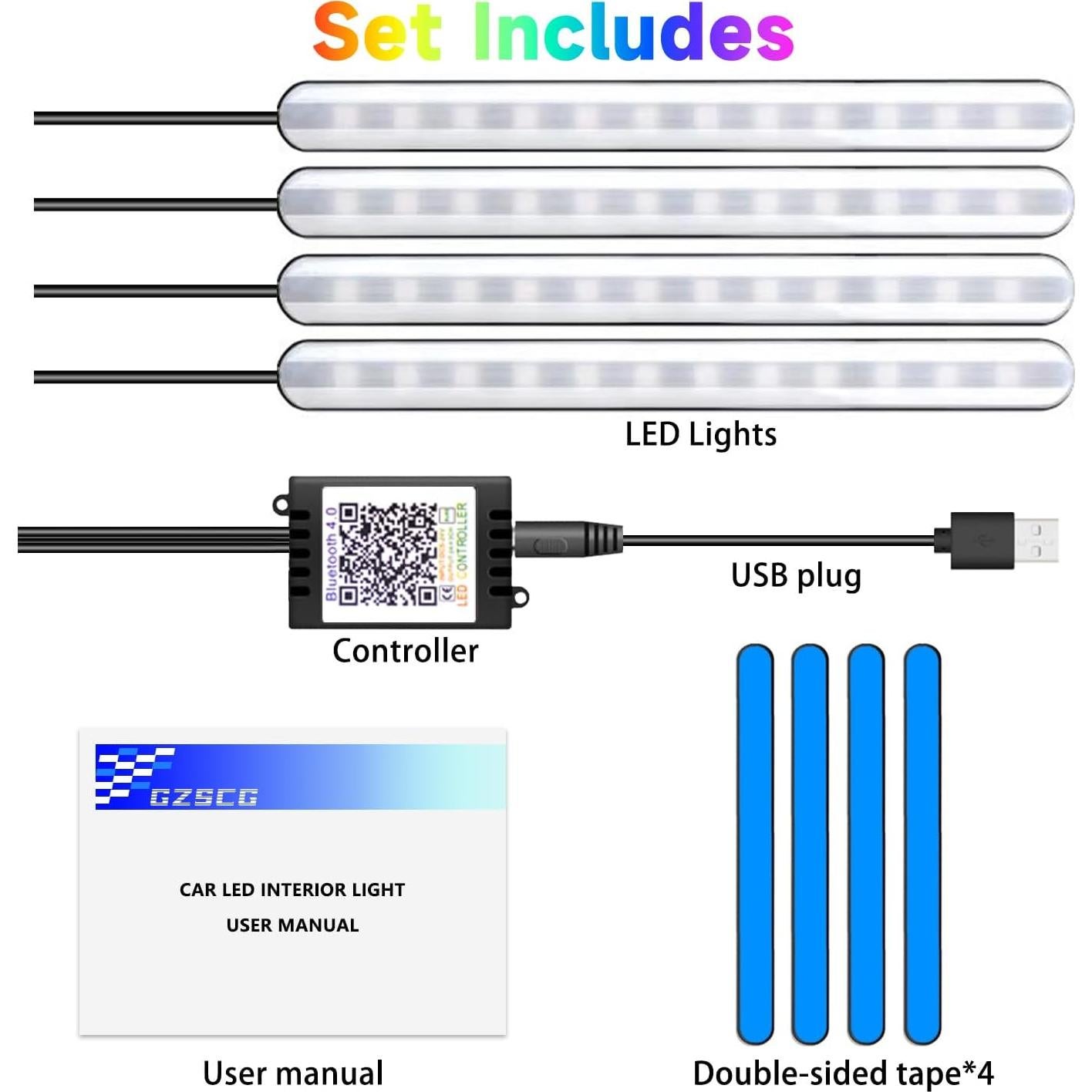 Luz LED Interior de Carro GZ5CG RGB 64cm, Control App, 29 Modos
