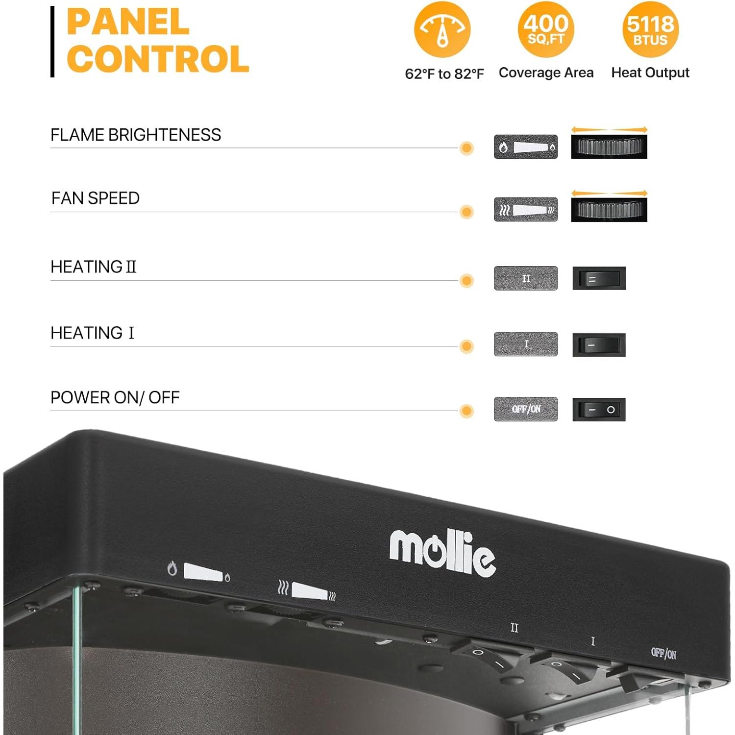 Estufa de Chimenea Eléctrica Mollie SF-2101 1500W Negra
