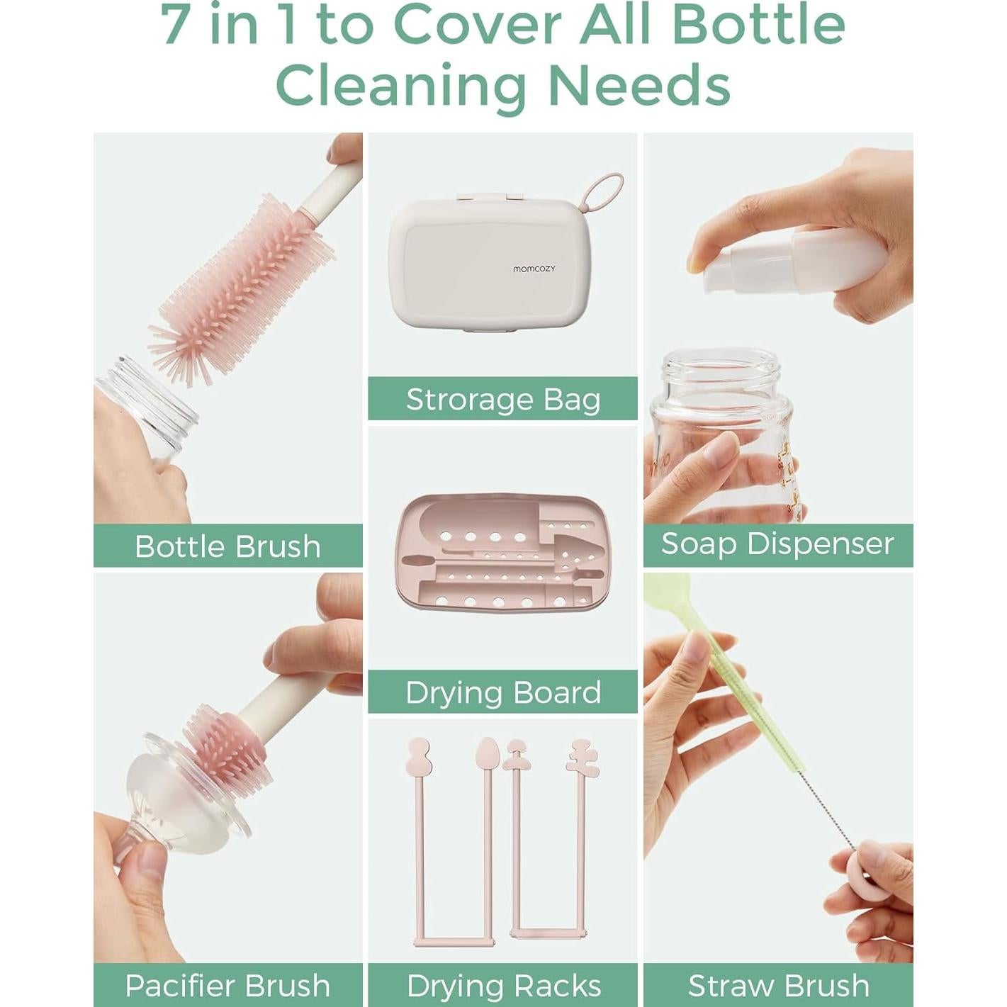 Juego de Cepillos para Botellas Momcozy 7 en 1 Rosa