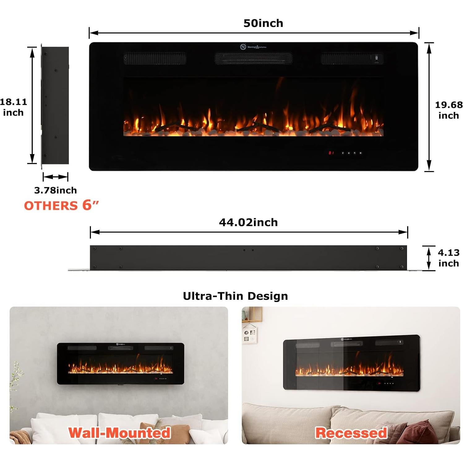 Chimenea Eléctrica Montada en Pared FODINGHILL 127x50cm 700W/1400W