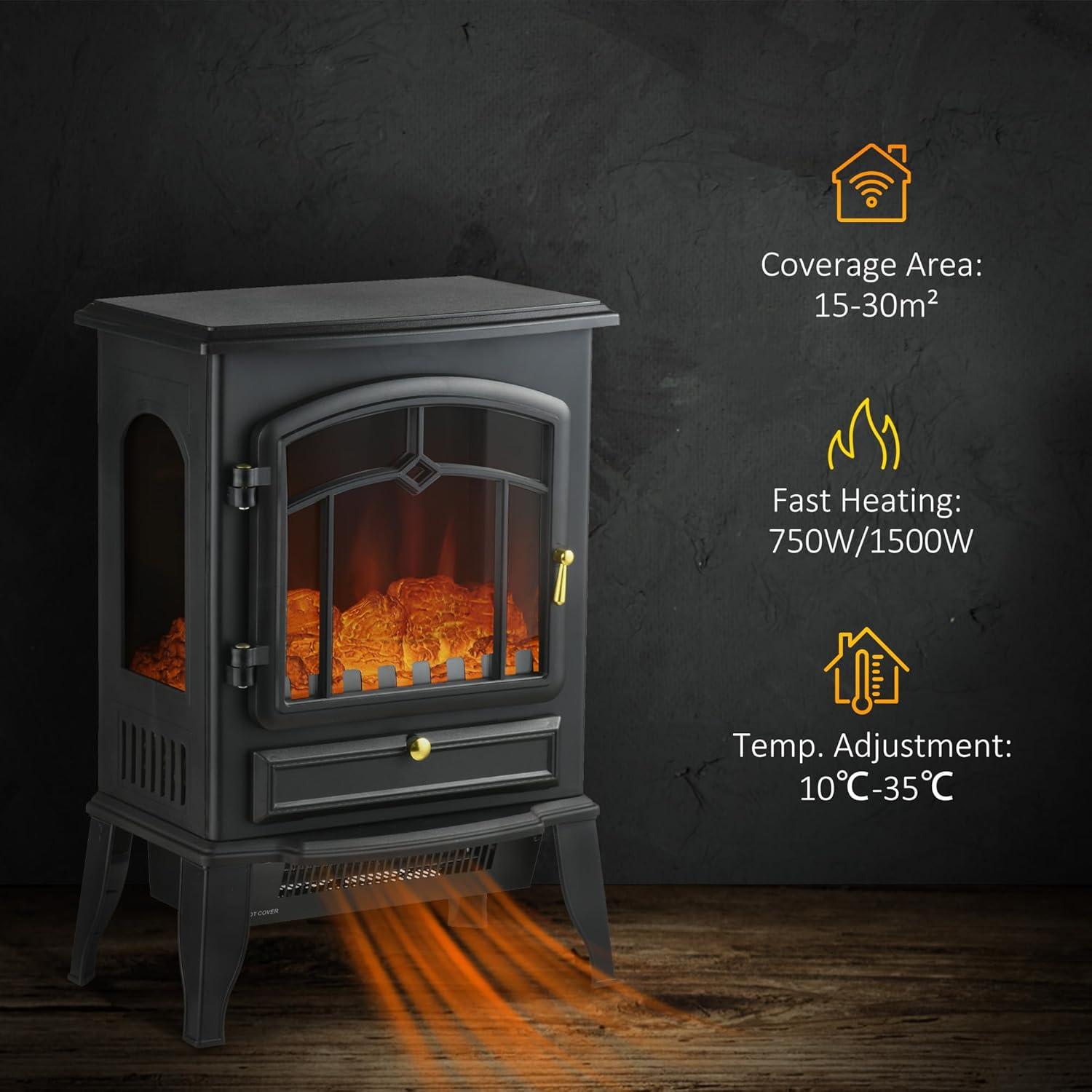 Estufa Eléctrica HOMCOM Chimenea Independiente 750W/1500W Negro