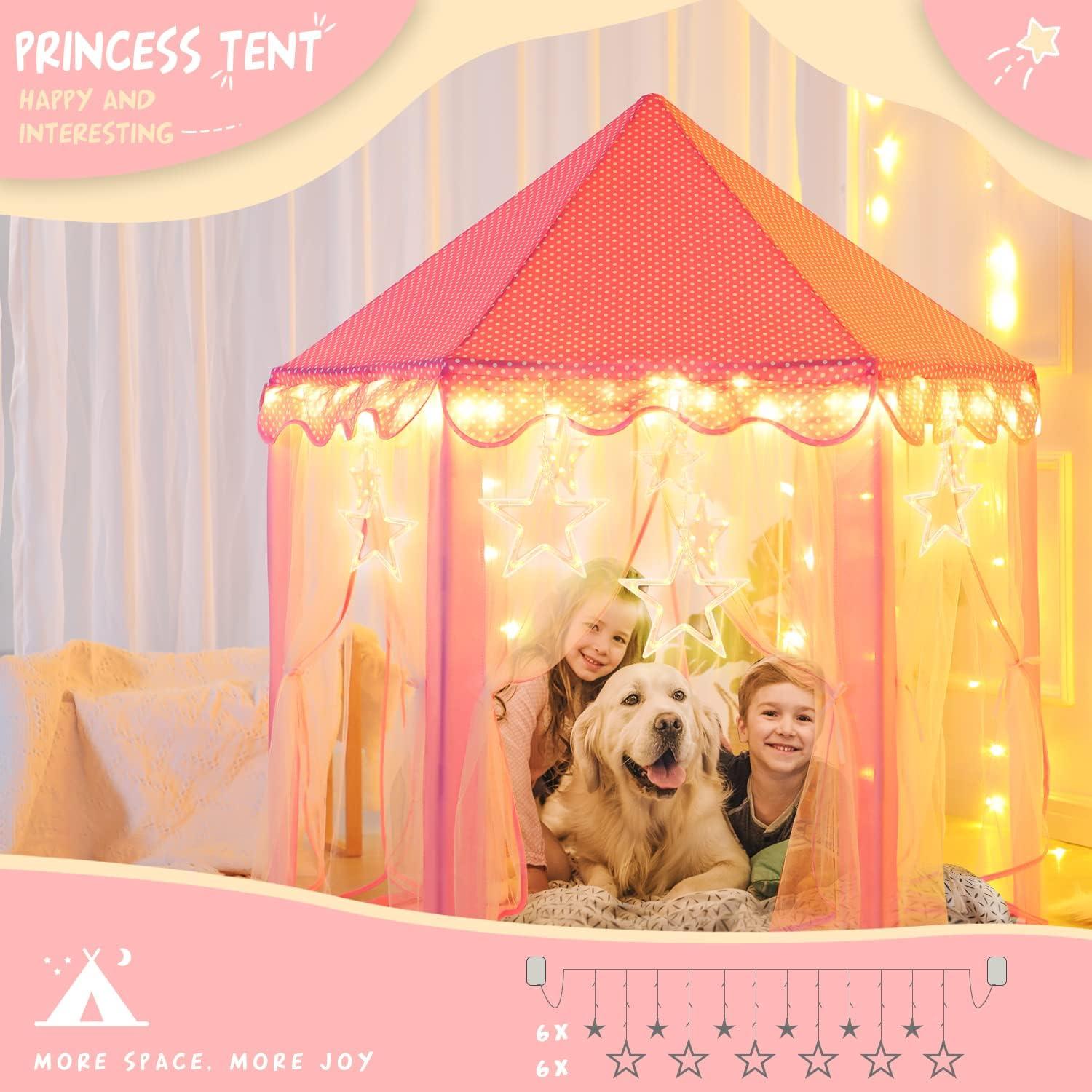 Carpa de Princesa Rosa con Luces de Estrella - 132 cm