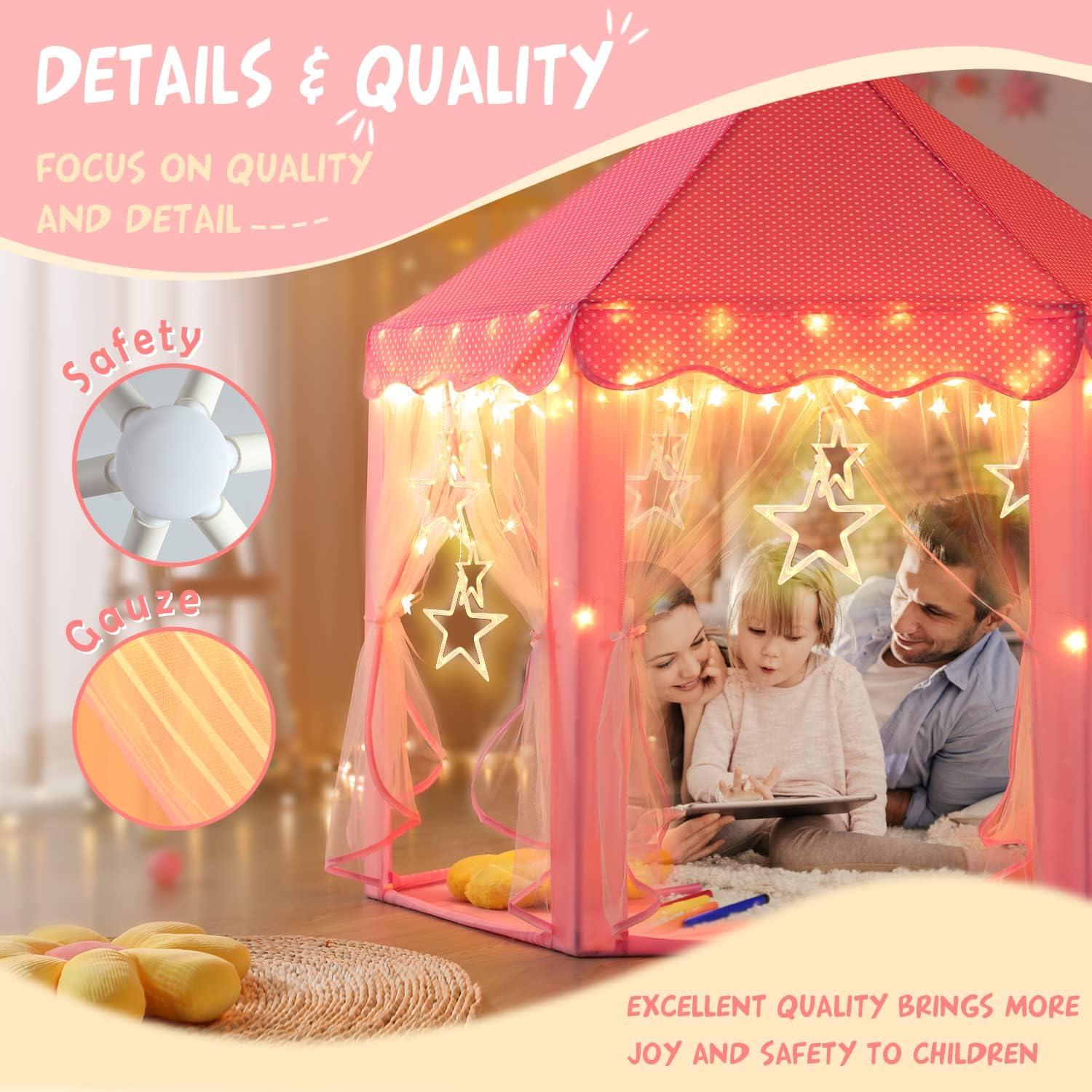 Carpa de Princesa Rosa con Luces de Estrella - 132 cm