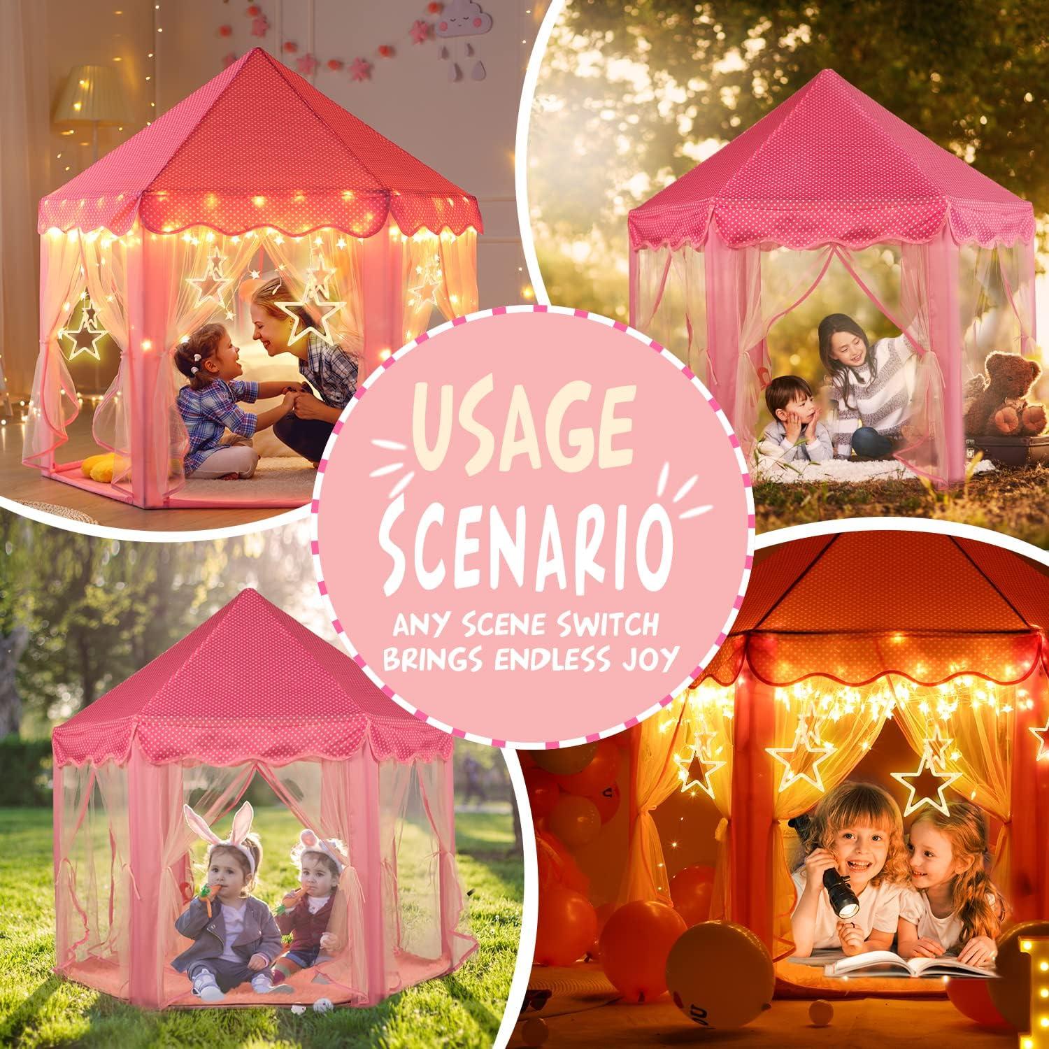 Carpa de Princesa Rosa con Luces de Estrella - 132 cm