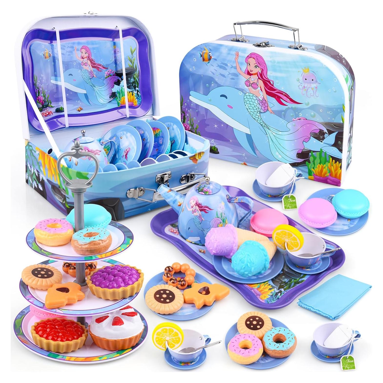 Juego de té Auney para niñas 36 piezas con estuche rosa