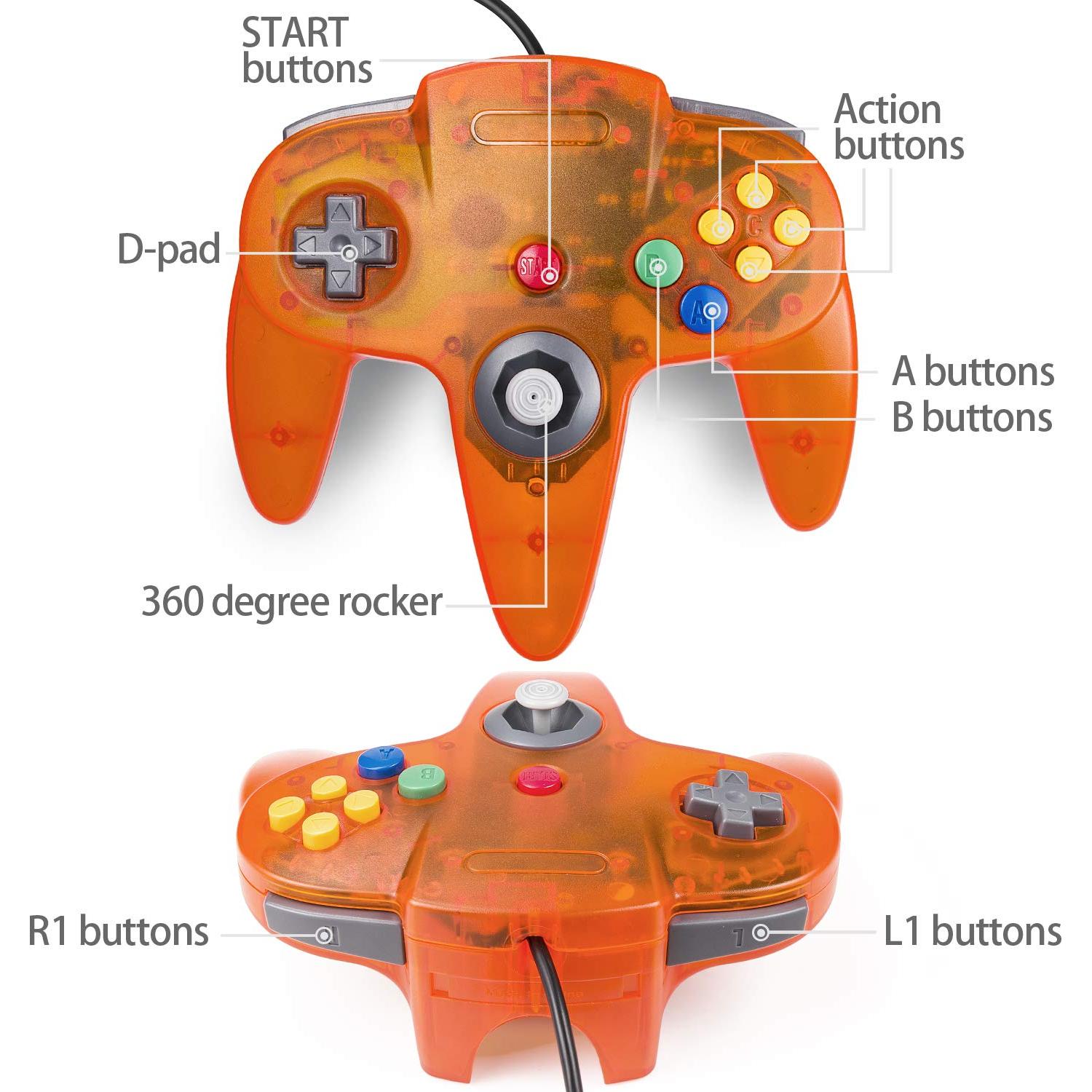 Controlador N64 con Cable Suily - Pack de 2, Negro y Naranja