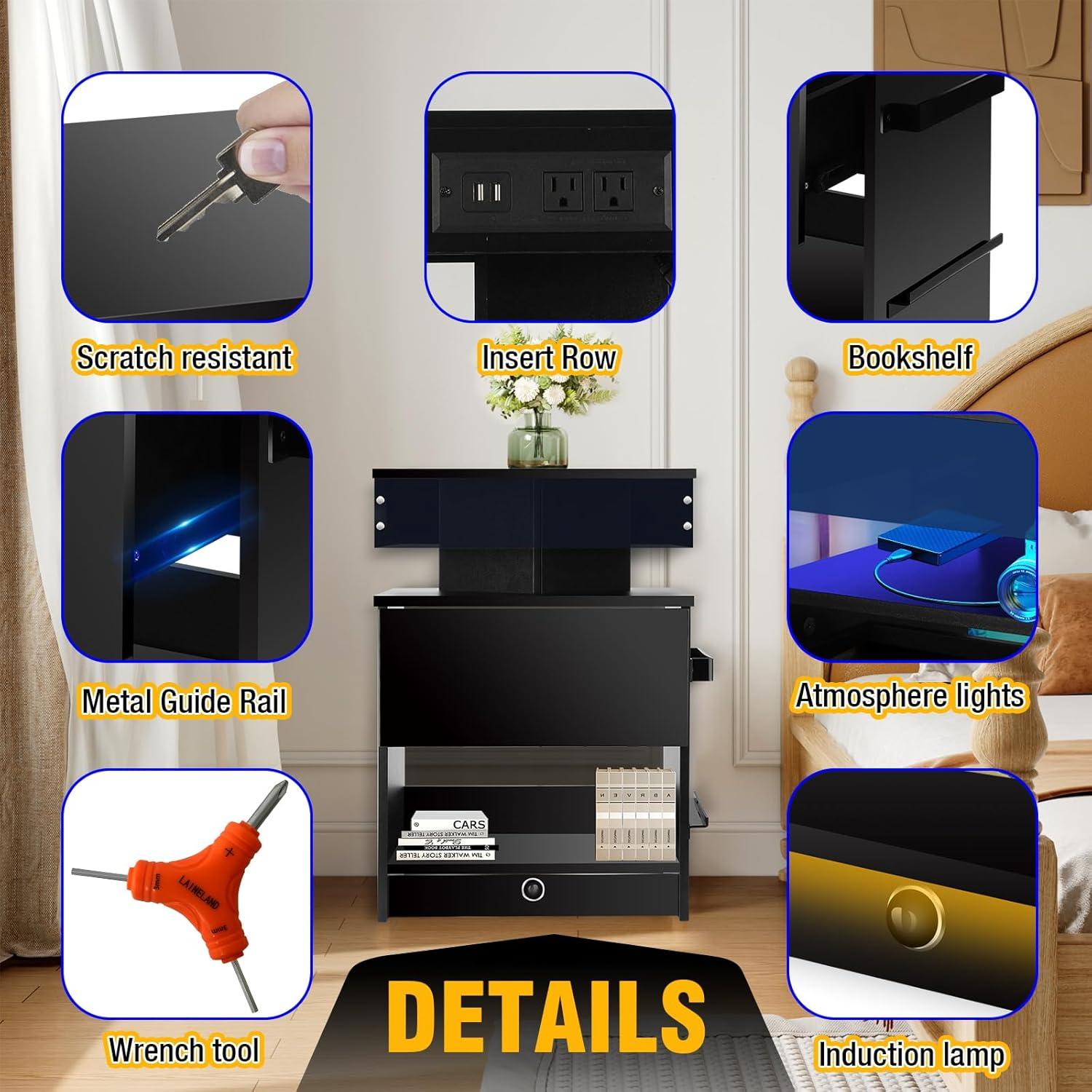 Juego de Mesitas de Noche Laineland 2 con Luz LED y Carga USB