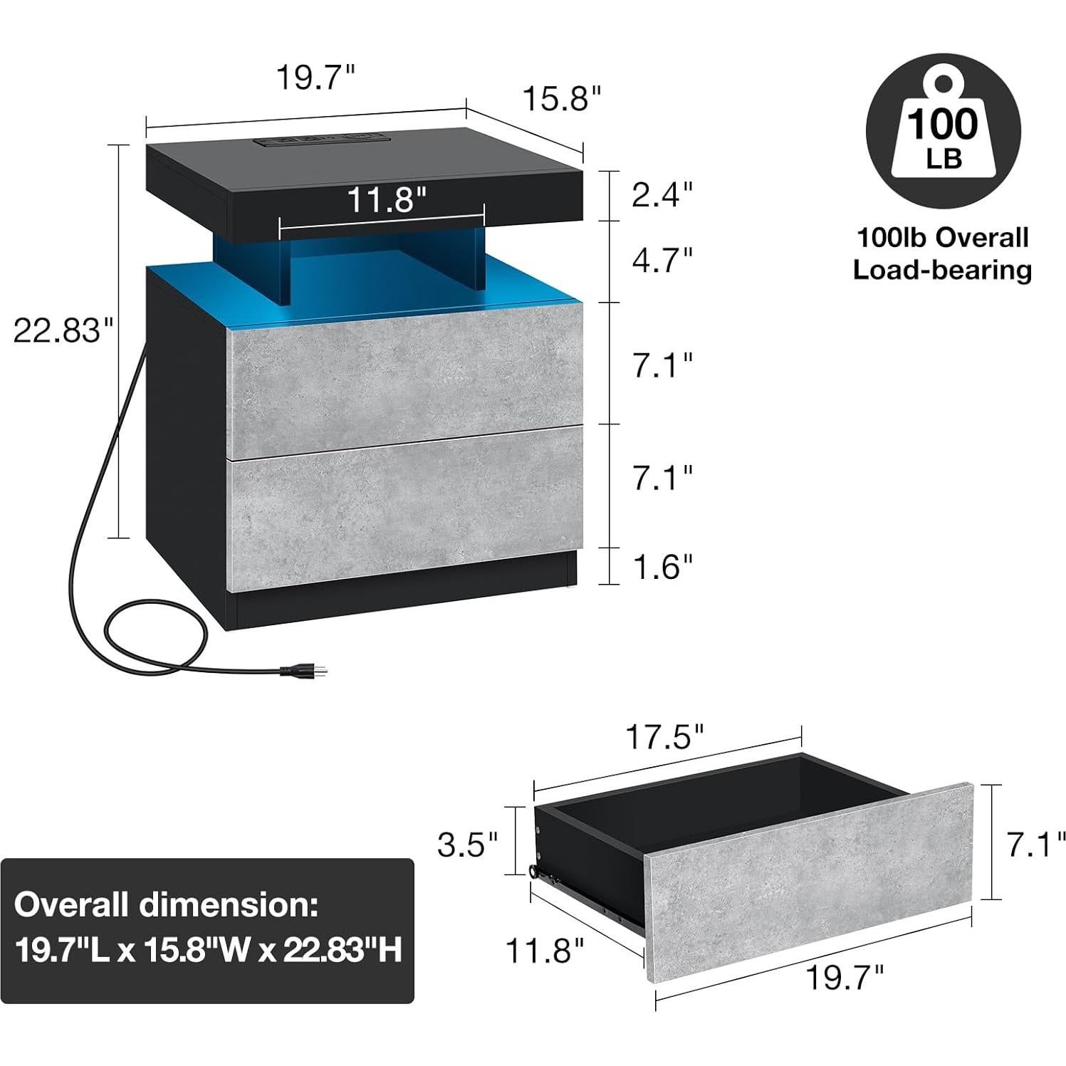 Mesita de Noche HOMMPA con Carga Inalámbrica y LED