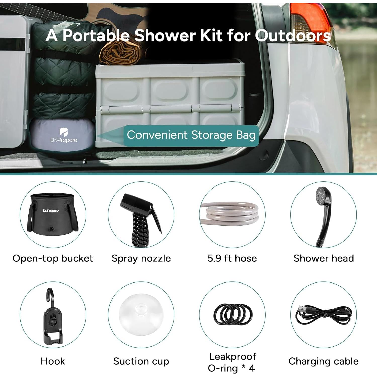 Ducha Portátil DR.PREPARE 17L con Bomba y Batería USB