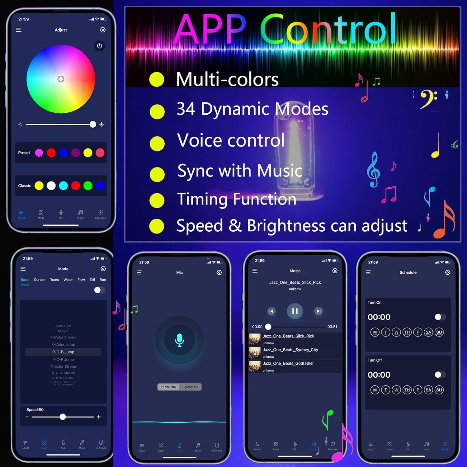 Lámpara LED RGB USB FZSSHYG para Interior de Coche, Control APP