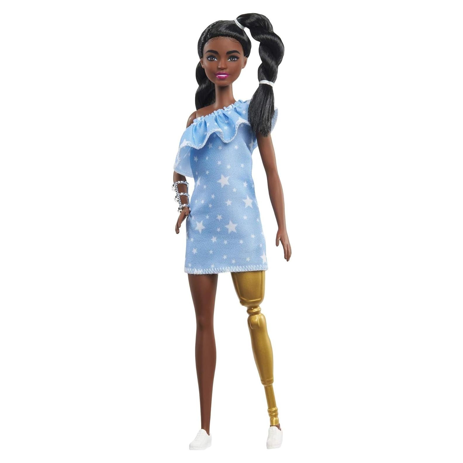 Barbie Fashionistas Doll #146 with 2 Twisted Braids & Prosthetic Leg Wearing Star-Print Dress, White Shoes & Arm Bracelet, Toy for Kids 3 to 8 Years Old