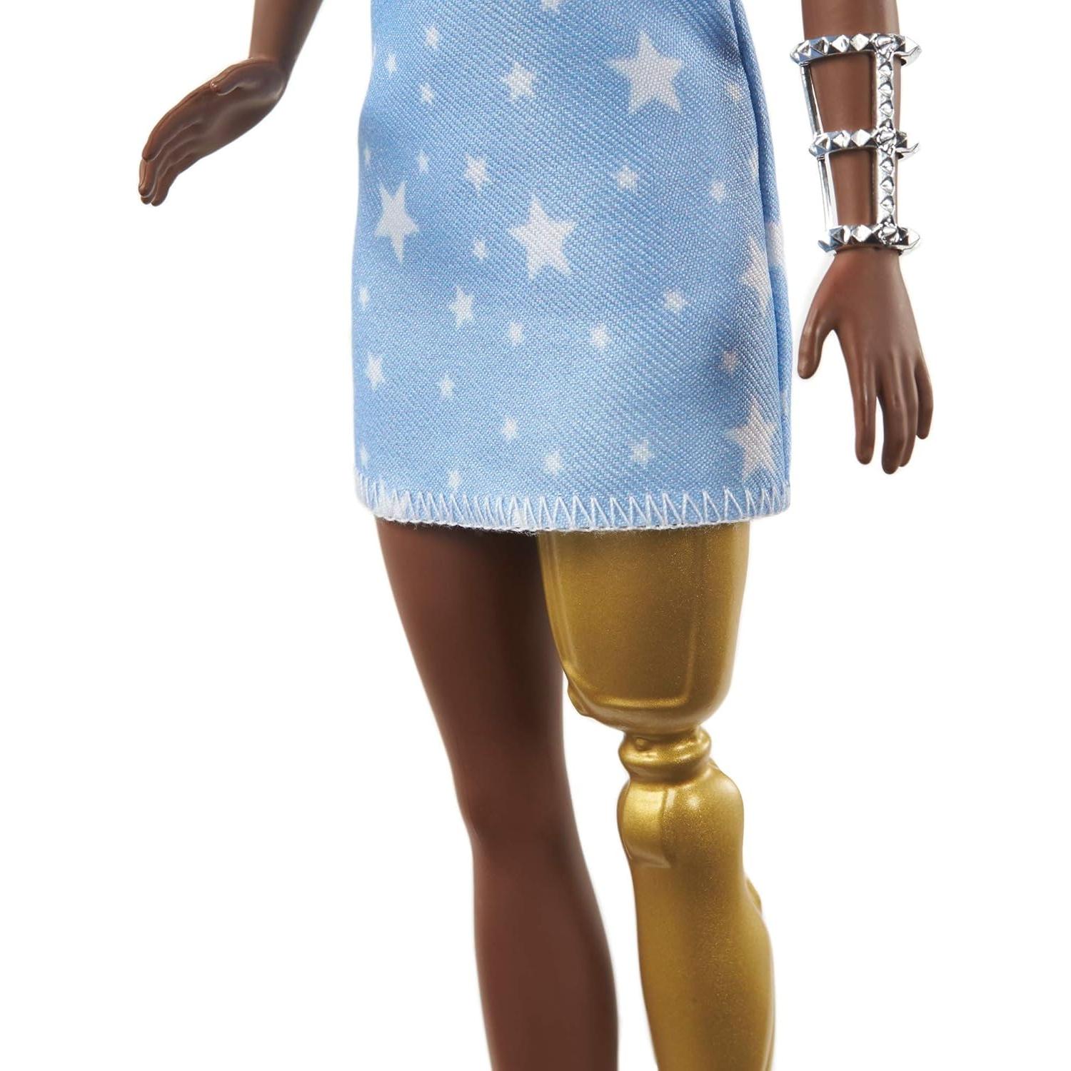 Barbie Fashionistas Doll #146 with 2 Twisted Braids & Prosthetic Leg Wearing Star-Print Dress, White Shoes & Arm Bracelet, Toy for Kids 3 to 8 Years Old