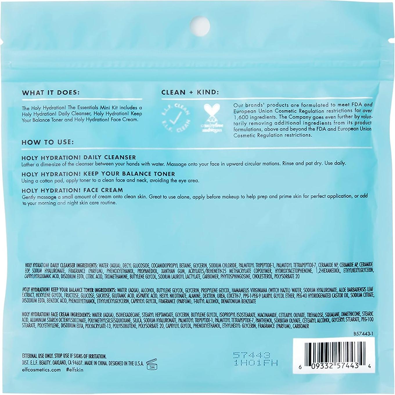 Kit Mini de Cuidado de Piel e.l.f. Holy Hydration - Limpiador, Tónico y Crema