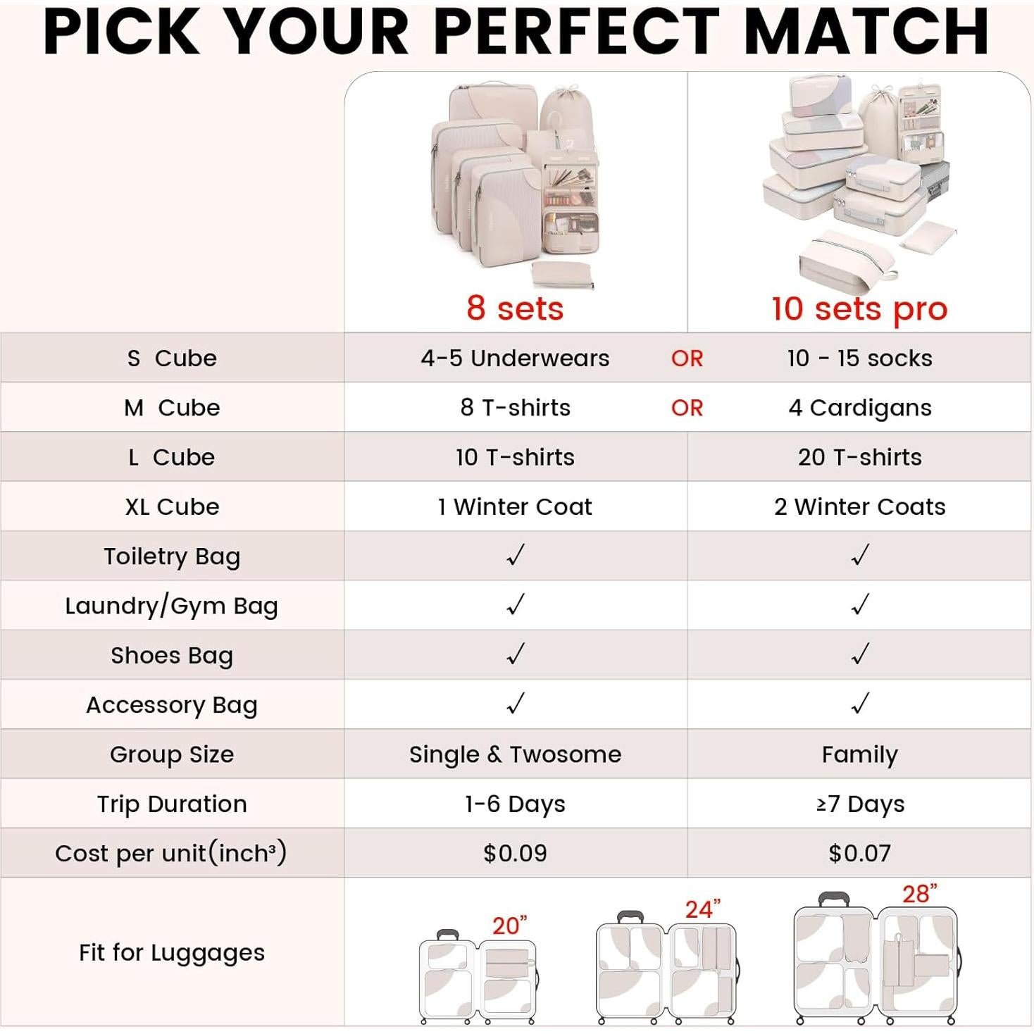 Set de 8 Cubos de Empaque OlarHike Crema para Viaje