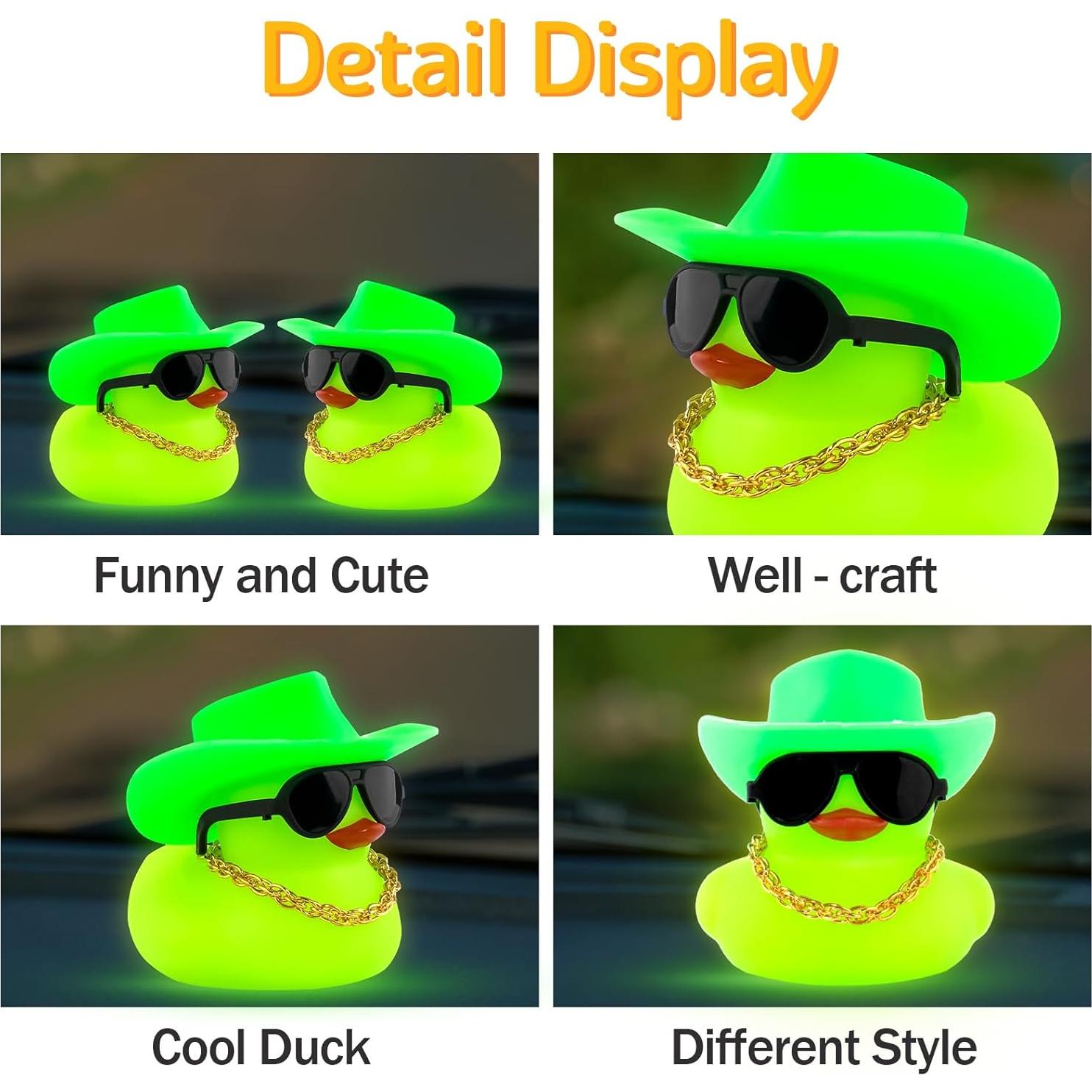 wonuu Noctilucous Rubber Duck Green Glowing Rubber Ducks with Sunglasses Necklace Cowboy Hat, No Electricity, Black Sunglasses