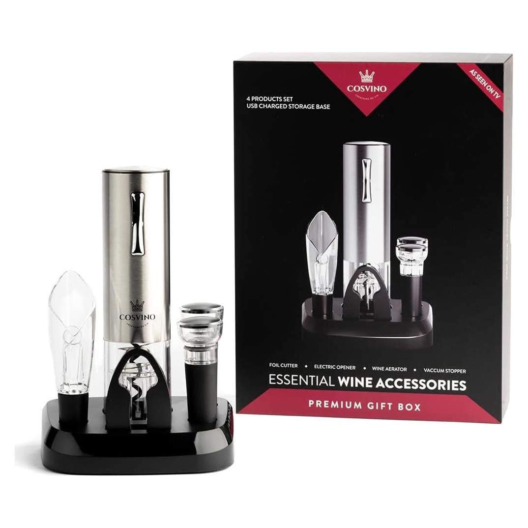 Abridor de Vino Eléctrico COSVINO Plateado con Accesorios