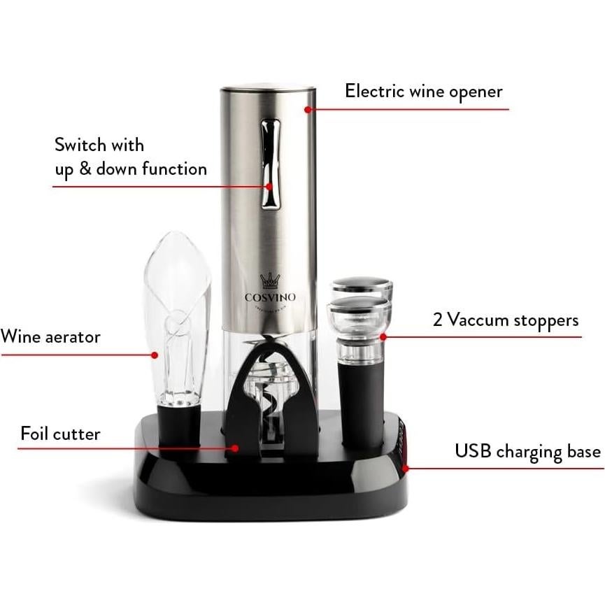 Abridor de Vino Eléctrico COSVINO Plateado con Accesorios