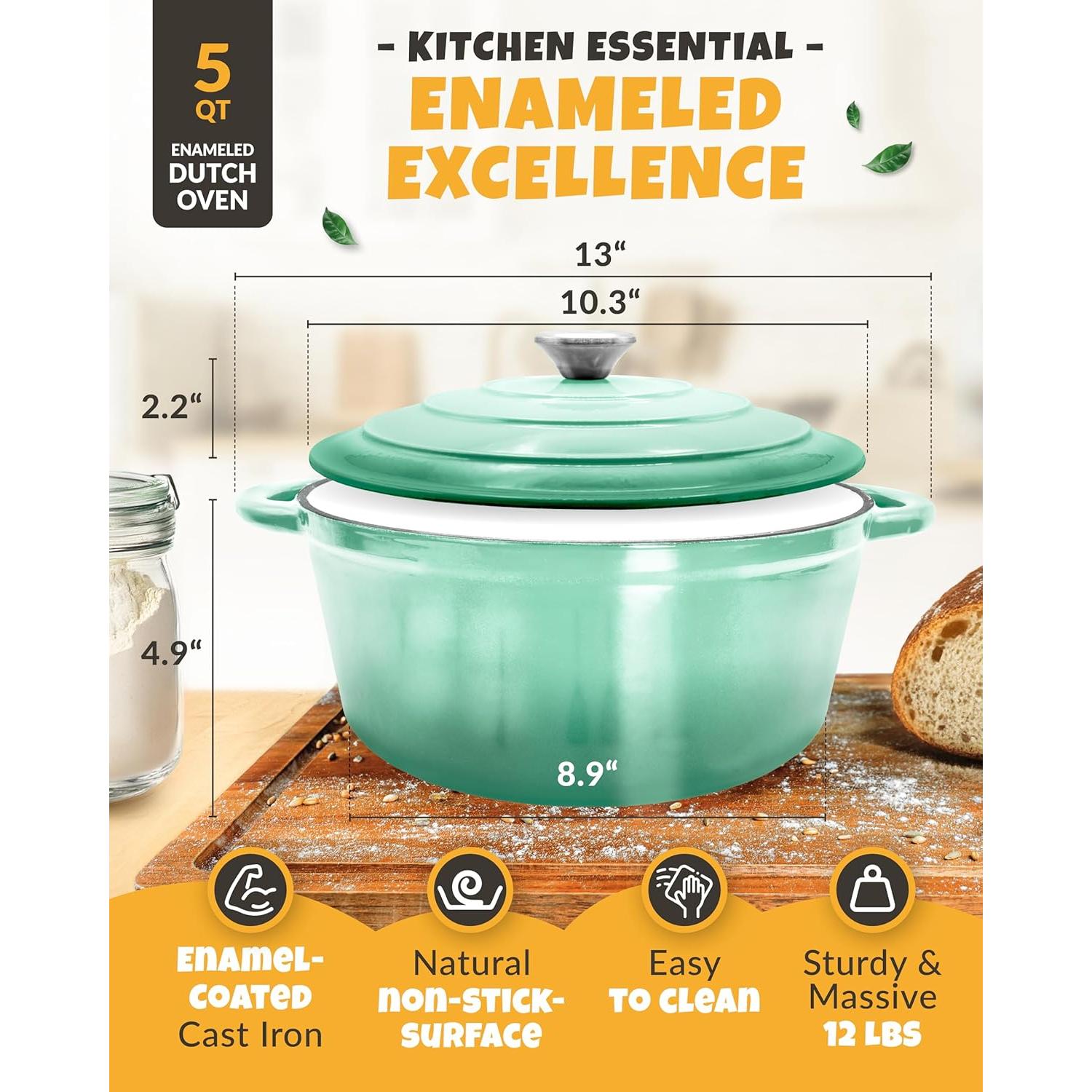 Horno Holandés CRUSTLOVE 5QT Verde con Cesta y Lame