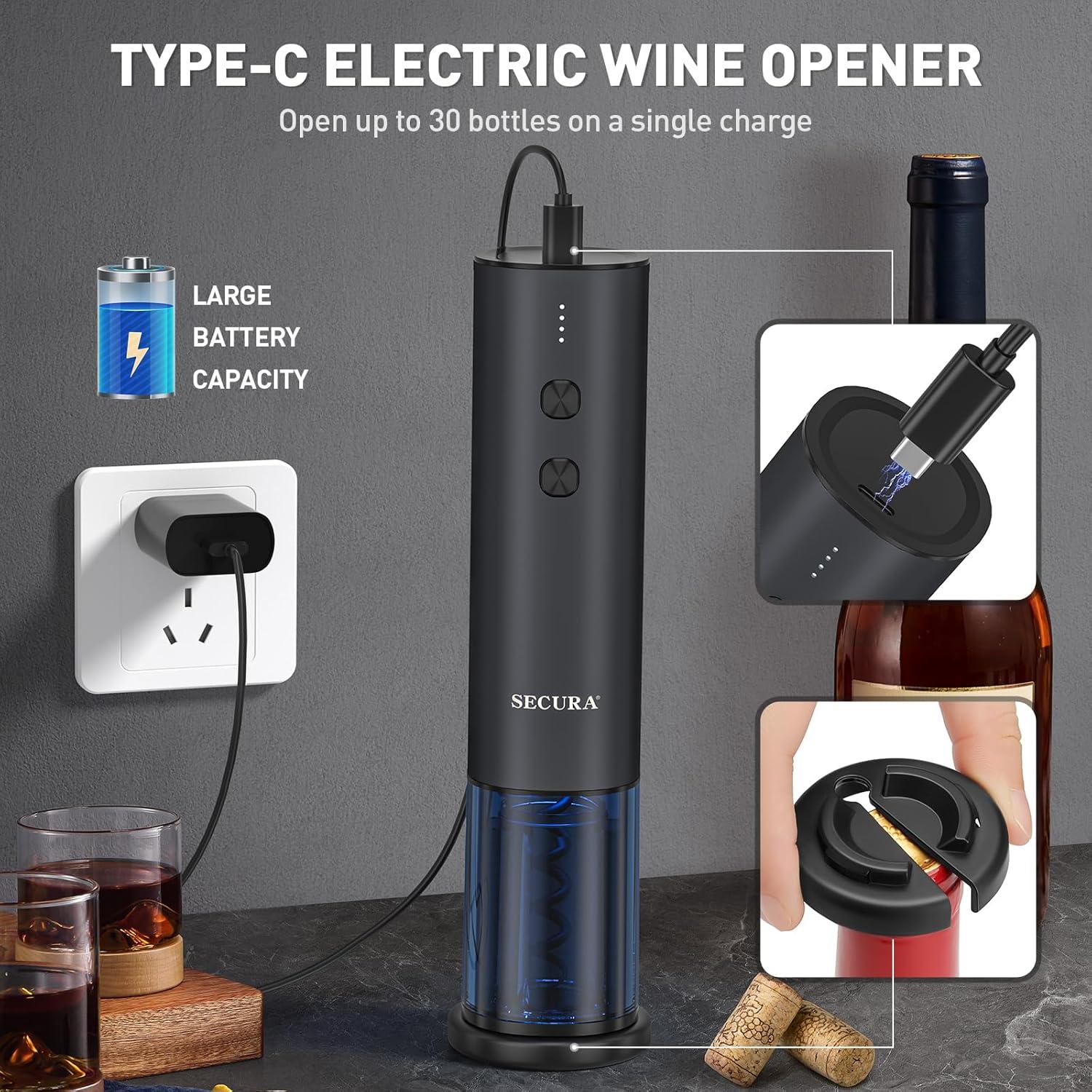 Abridor de Vino Eléctrico Secura Recargable Acero Inoxidable