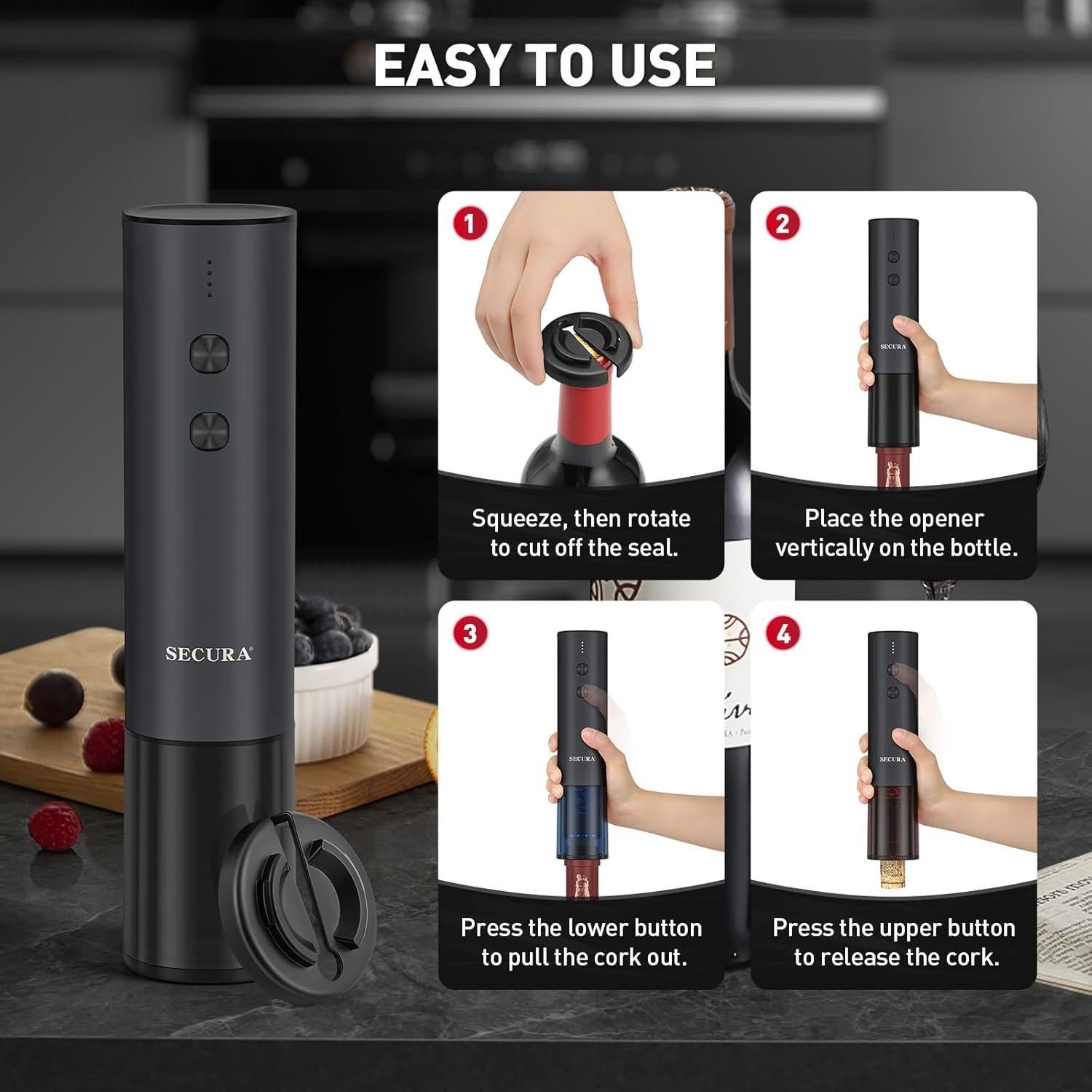 Abridor de Vino Eléctrico Secura Recargable Acero Inoxidable