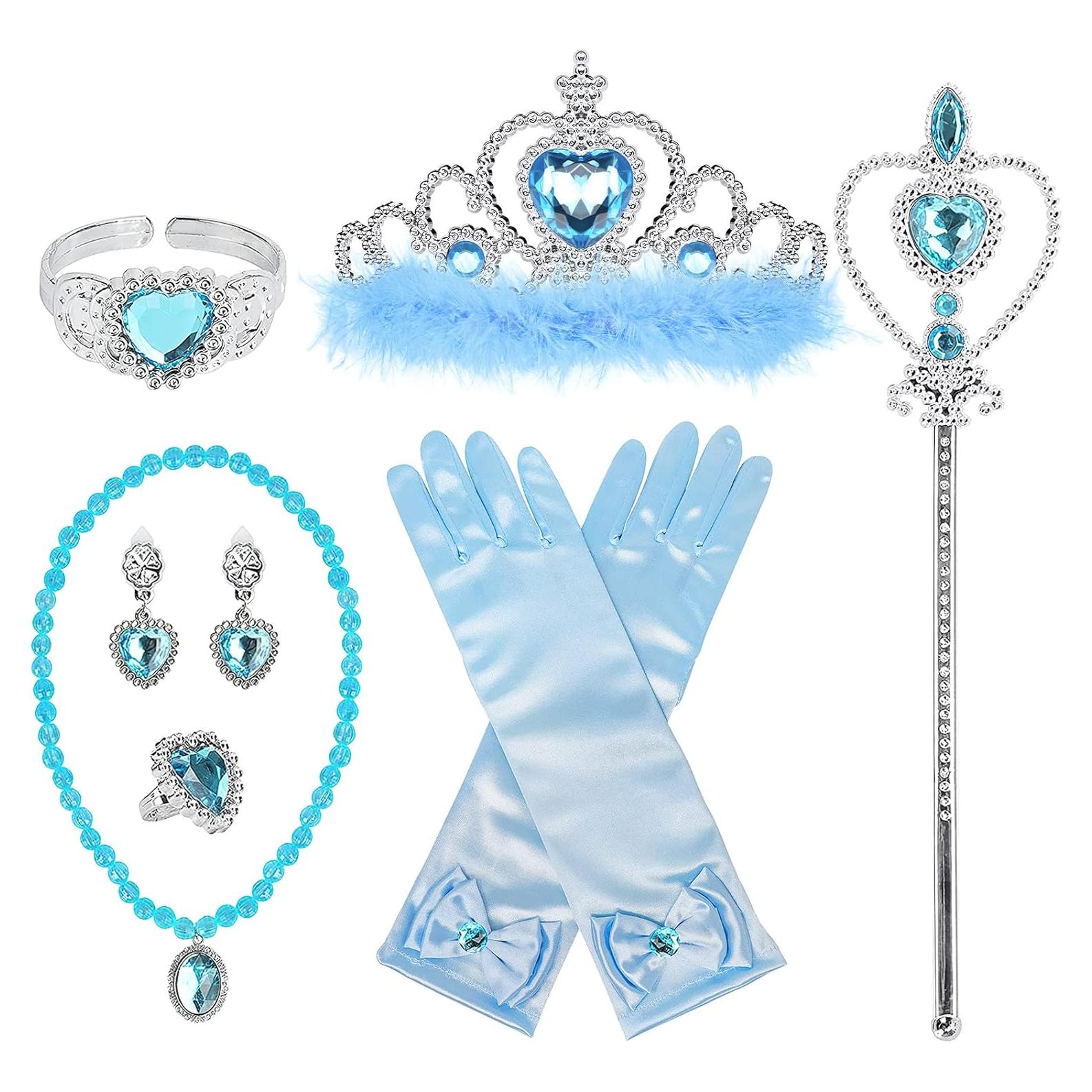 Princess Dress Up Accessories Princess Gloves, BIBUTY 7pcs Dress Up Set for Toddler Girls with Princess Crown, Wand, Gloves, Necklace, Earrings, Bracelet and Ring, Costume Toys for 3-6 yr Little Girls
