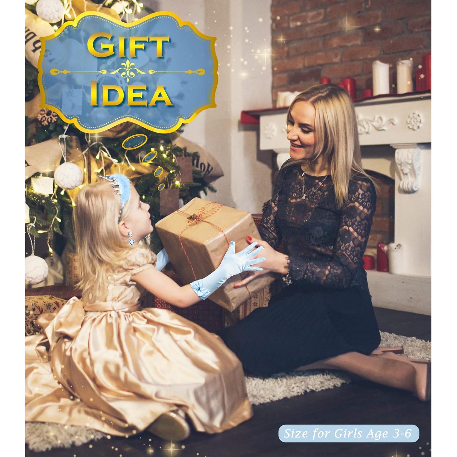 Princess Dress Up Accessories Princess Gloves, BIBUTY 7pcs Dress Up Set for Toddler Girls with Princess Crown, Wand, Gloves, Necklace, Earrings, Bracelet and Ring, Costume Toys for 3-6 yr Little Girls