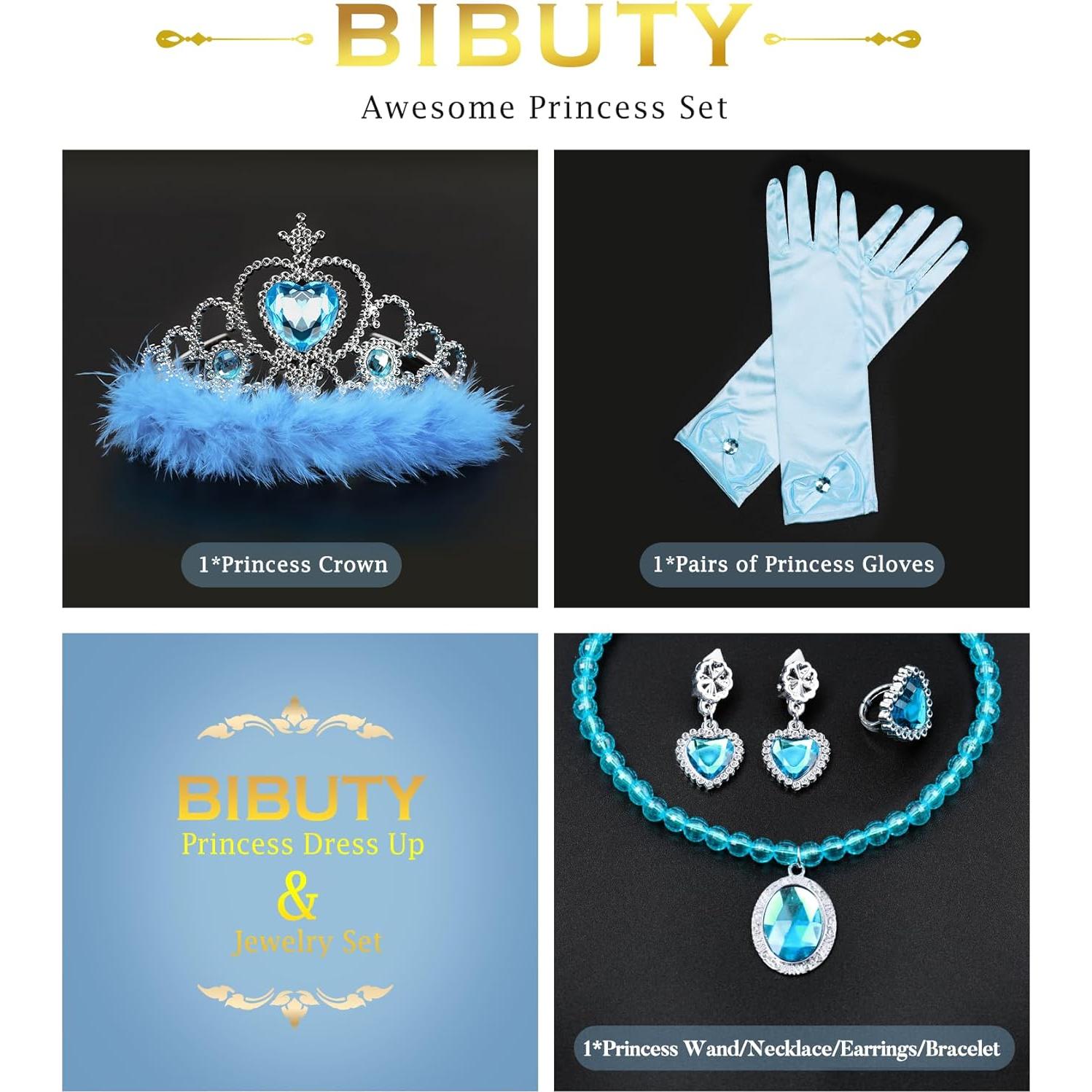 Princess Dress Up Accessories Princess Gloves, BIBUTY 7pcs Dress Up Set for Toddler Girls with Princess Crown, Wand, Gloves, Necklace, Earrings, Bracelet and Ring, Costume Toys for 3-6 yr Little Girls