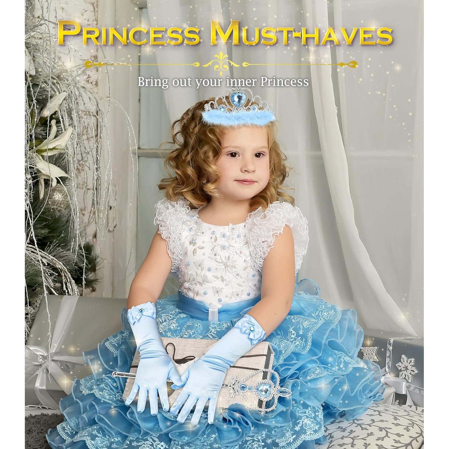 Princess Dress Up Accessories Princess Gloves, BIBUTY 7pcs Dress Up Set for Toddler Girls with Princess Crown, Wand, Gloves, Necklace, Earrings, Bracelet and Ring, Costume Toys for 3-6 yr Little Girls
