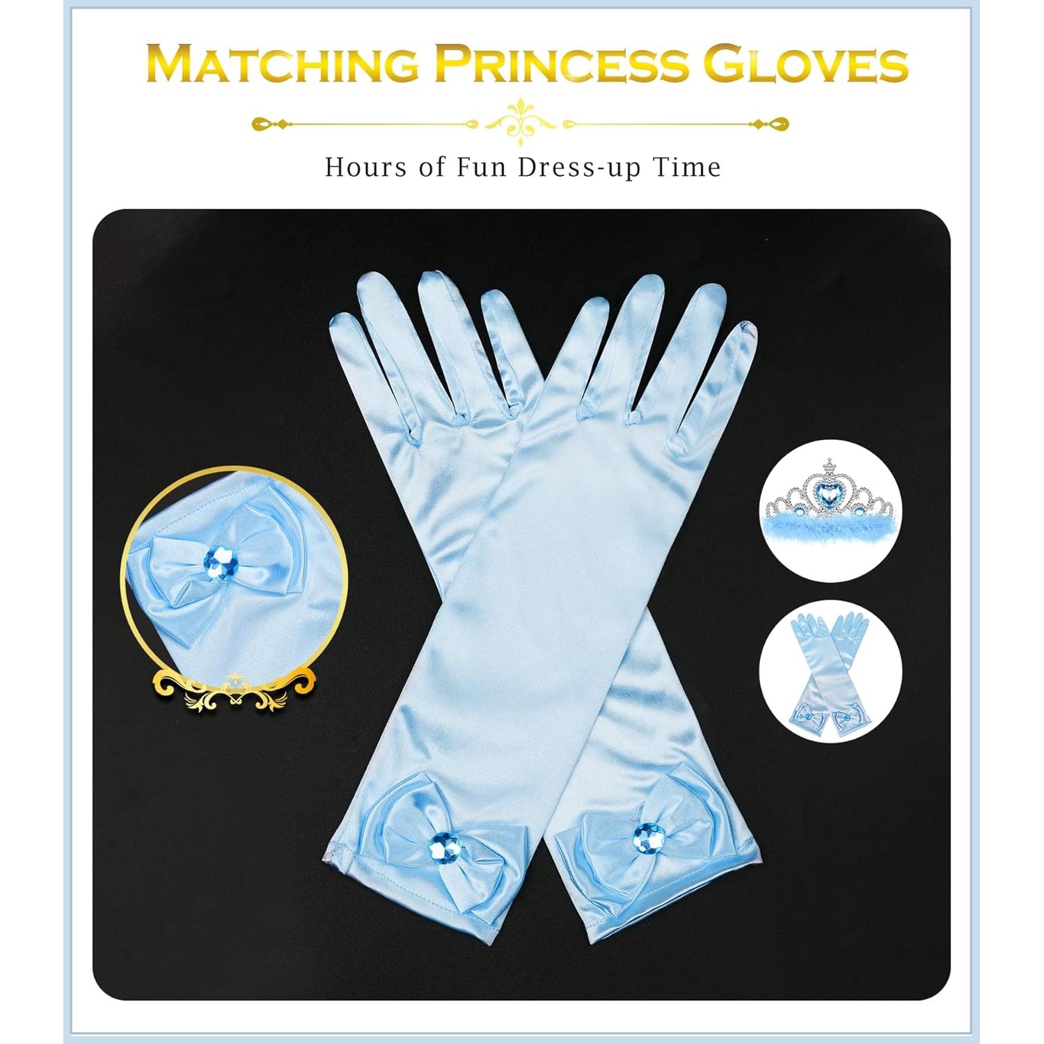 Princess Dress Up Accessories Princess Gloves, BIBUTY 7pcs Dress Up Set for Toddler Girls with Princess Crown, Wand, Gloves, Necklace, Earrings, Bracelet and Ring, Costume Toys for 3-6 yr Little Girls