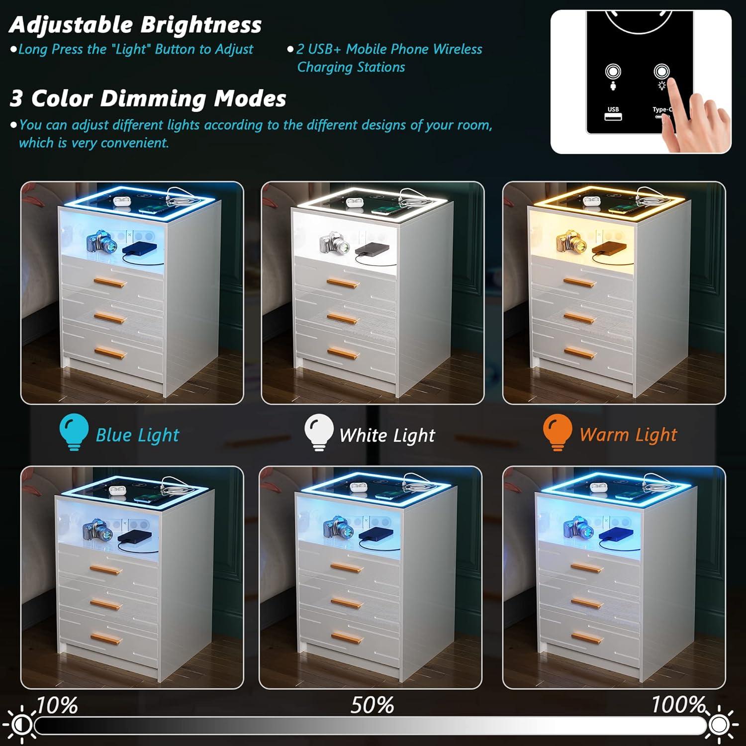 Mesita de Noche Lvifur con Carga Inalámbrica y 3 Colores