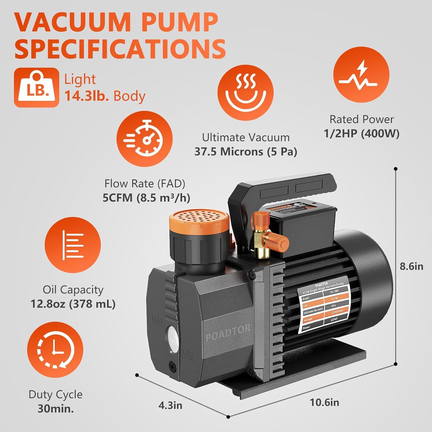 Bomba de vacío POADTOR 5CFM 1/2HP 37.5 micrones 110V