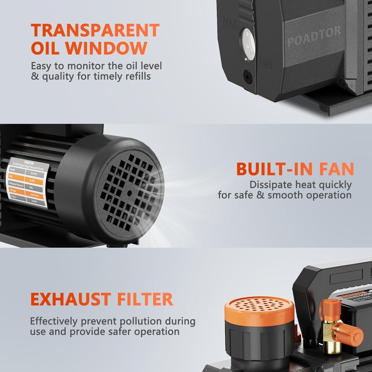 Bomba de vacío POADTOR 5CFM 1/2HP 37.5 micrones 110V