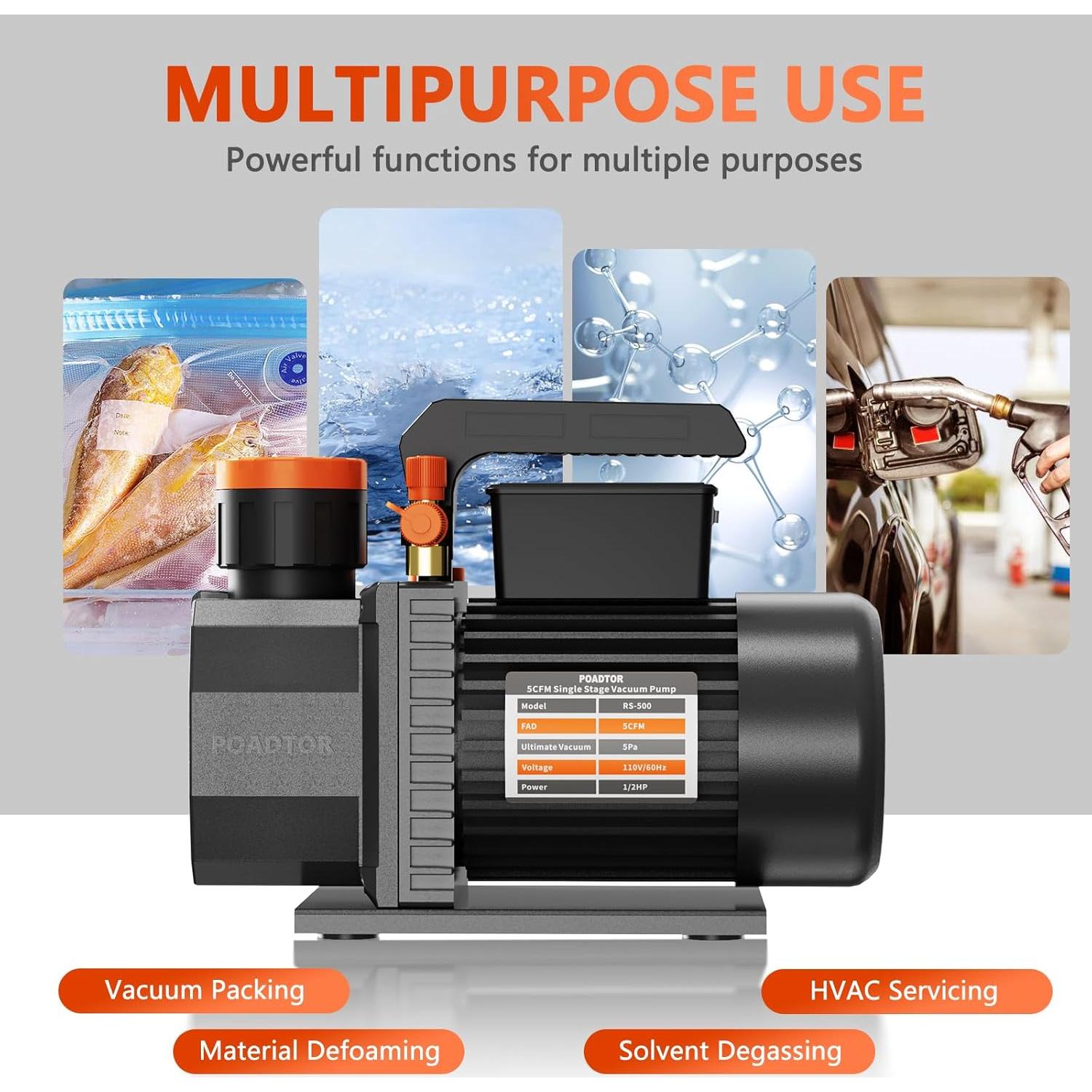 Bomba de vacío POADTOR 5CFM 1/2HP 37.5 micrones 110V