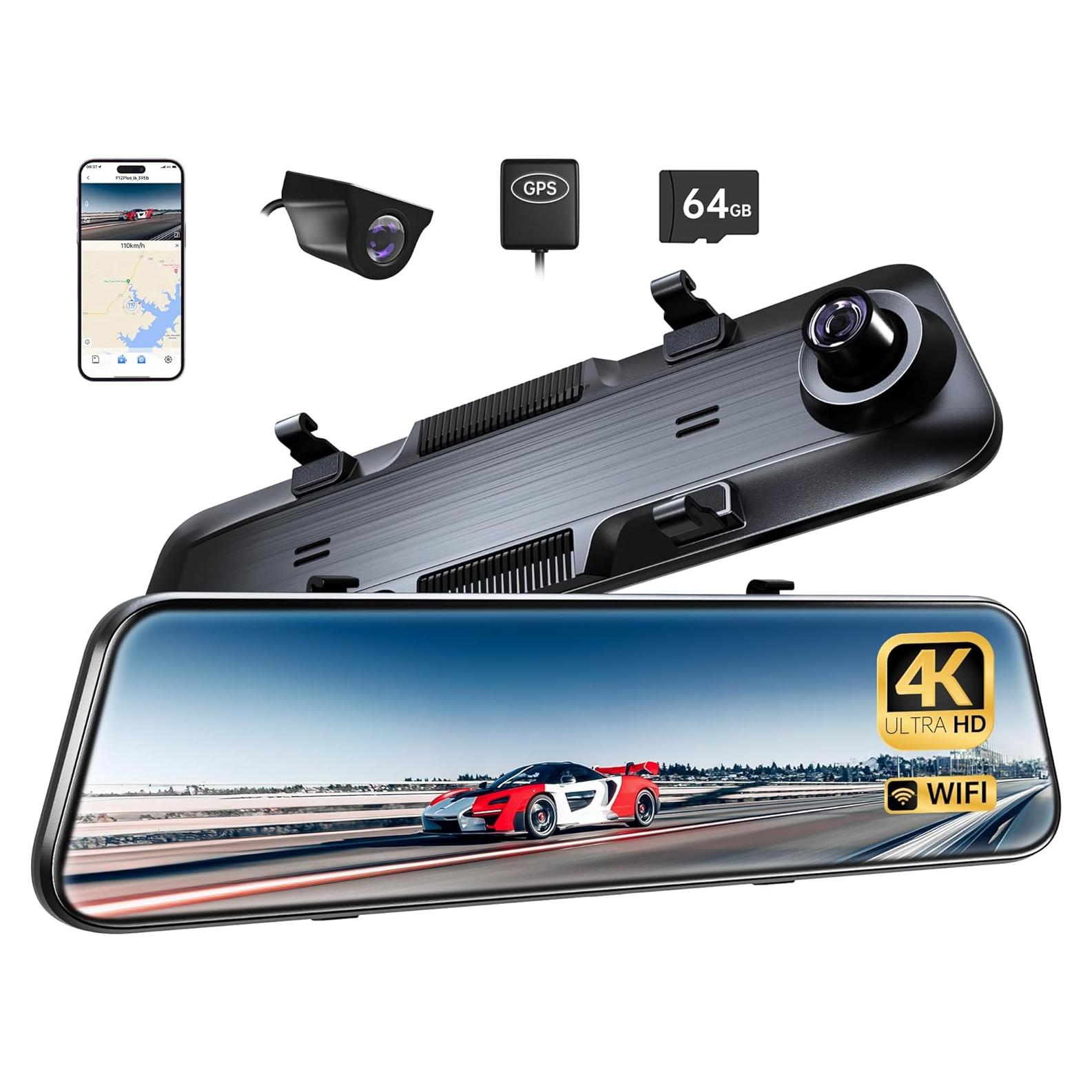 Pelsee P12 Plus 4K Rear View Mirror Camera with ADAS and BSD, 5.8GHz WiFi Mirror Dash Cam Front and Rear, Backup Camera for Car, GPS, 64GB Card Included, WDR Night Vision, Voice Control, 12" Display