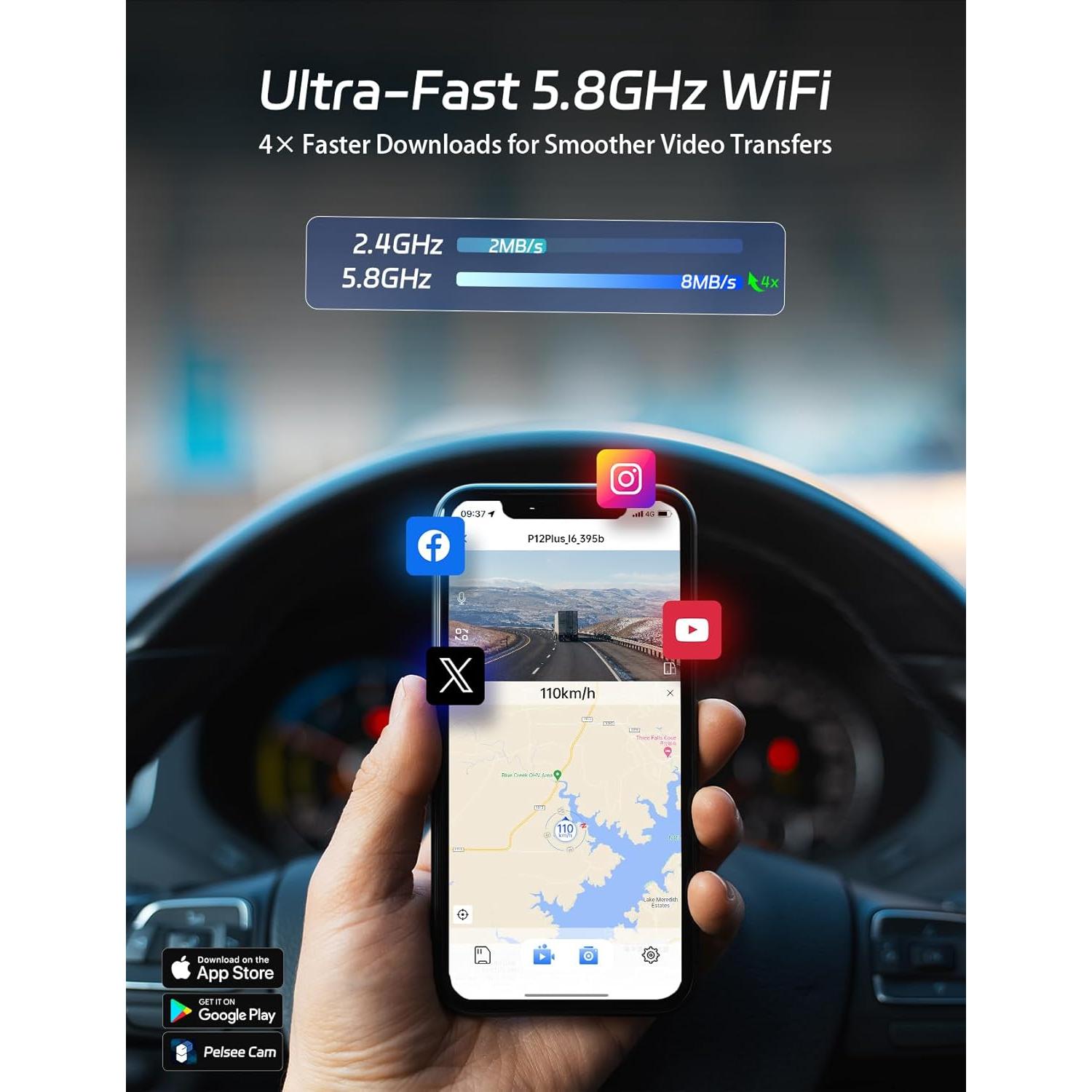 Pelsee P12 Plus 4K Rear View Mirror Camera with ADAS and BSD, 5.8GHz WiFi Mirror Dash Cam Front and Rear, Backup Camera for Car, GPS, 64GB Card Included, WDR Night Vision, Voice Control, 12" Display