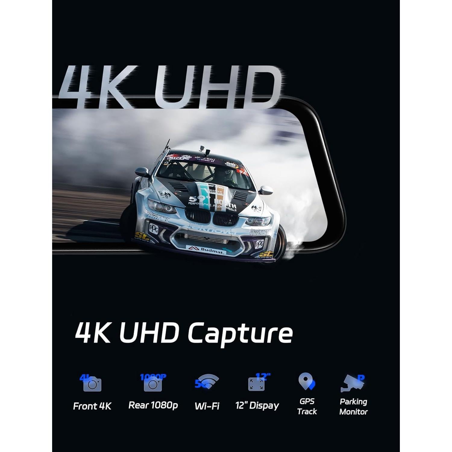 Pelsee P12 Plus 4K Rear View Mirror Camera with ADAS and BSD, 5.8GHz WiFi Mirror Dash Cam Front and Rear, Backup Camera for Car, GPS, 64GB Card Included, WDR Night Vision, Voice Control, 12" Display