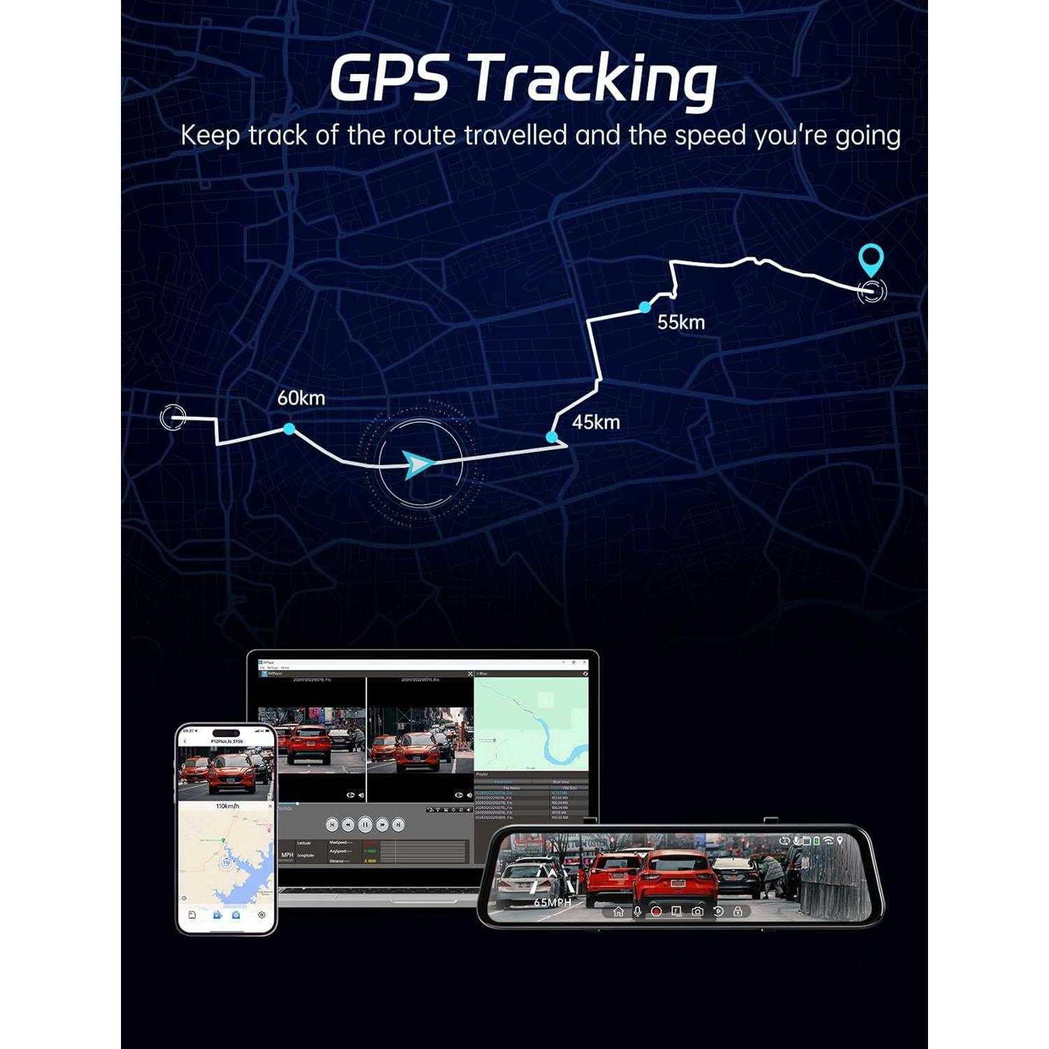 Pelsee P12 Plus 4K Rear View Mirror Camera with ADAS and BSD, 5.8GHz WiFi Mirror Dash Cam Front and Rear, Backup Camera for Car, GPS, 64GB Card Included, WDR Night Vision, Voice Control, 12" Display