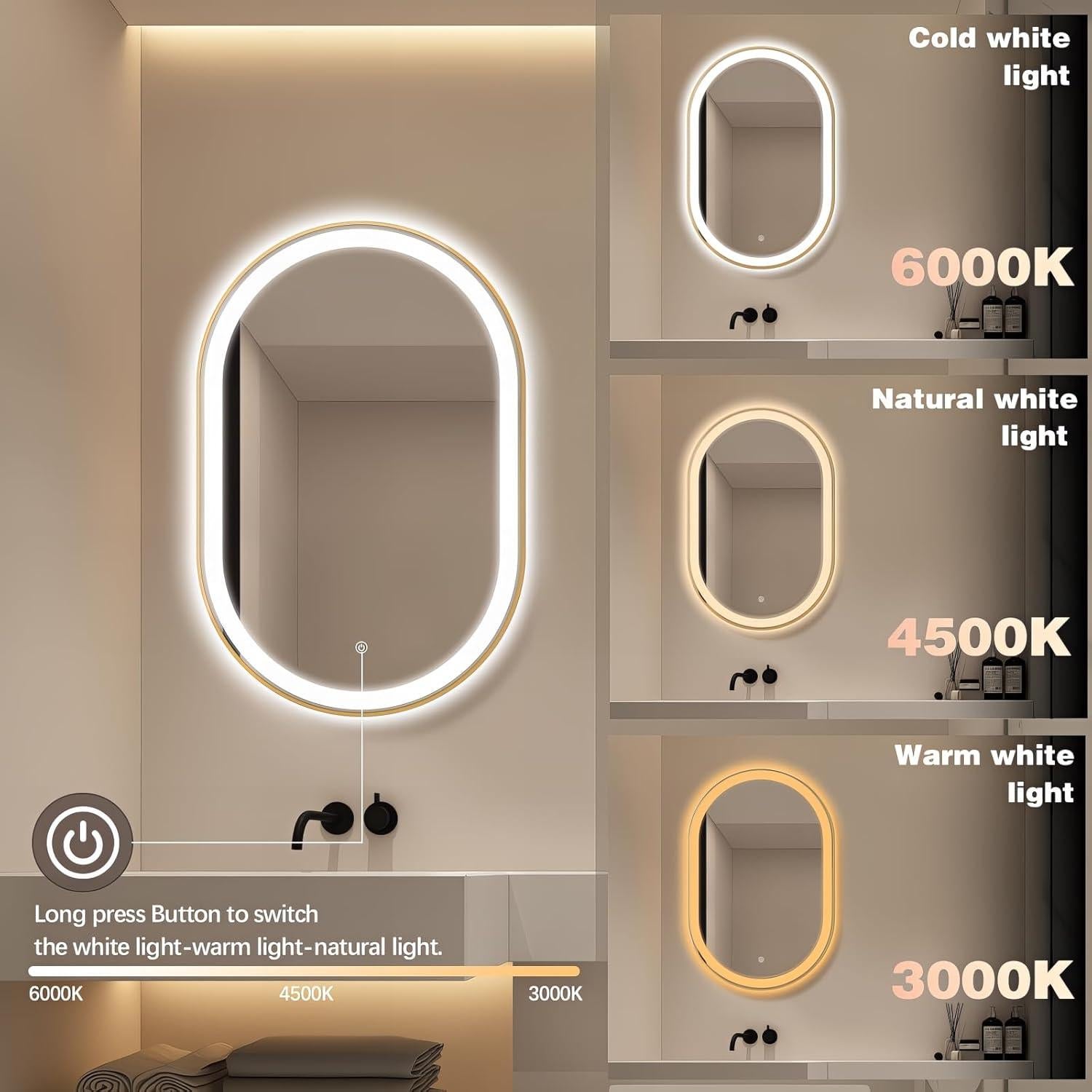 Espejo de Baño LED Ovalado TheiaMo 91.44x60.96cm Dorado