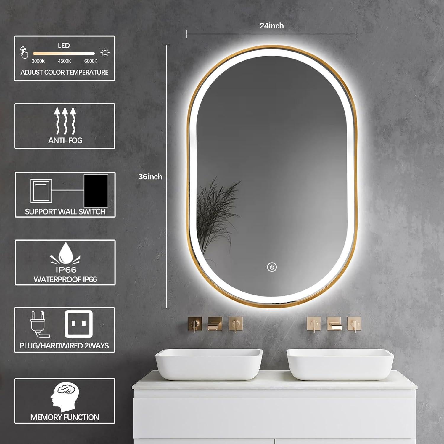 Espejo de Baño LED Ovalado TheiaMo 91.44x60.96cm Dorado