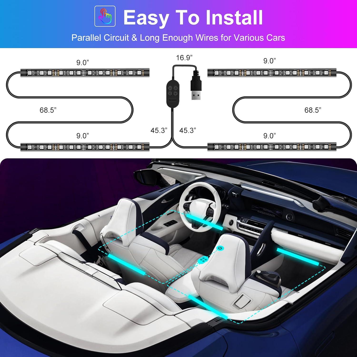 Luces LED RGB para Auto Hovano - Control App, 48 LEDs