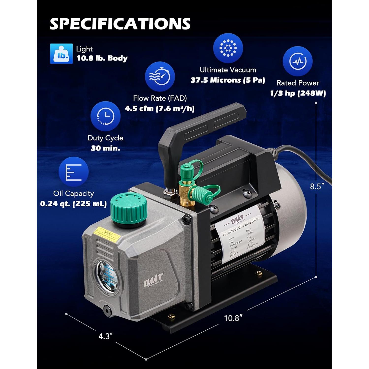 Bomba de Vacío Orion Motor Tech 4.5 CFM 1/3 HP HVAC