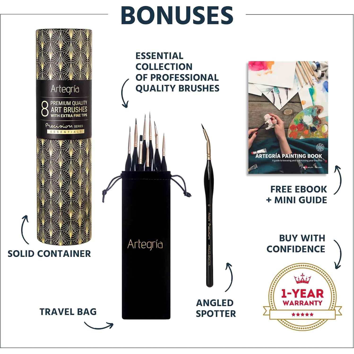 Juego de Pinceles Detallados ARTEGRIA, 8 Piezas Ergonómicas