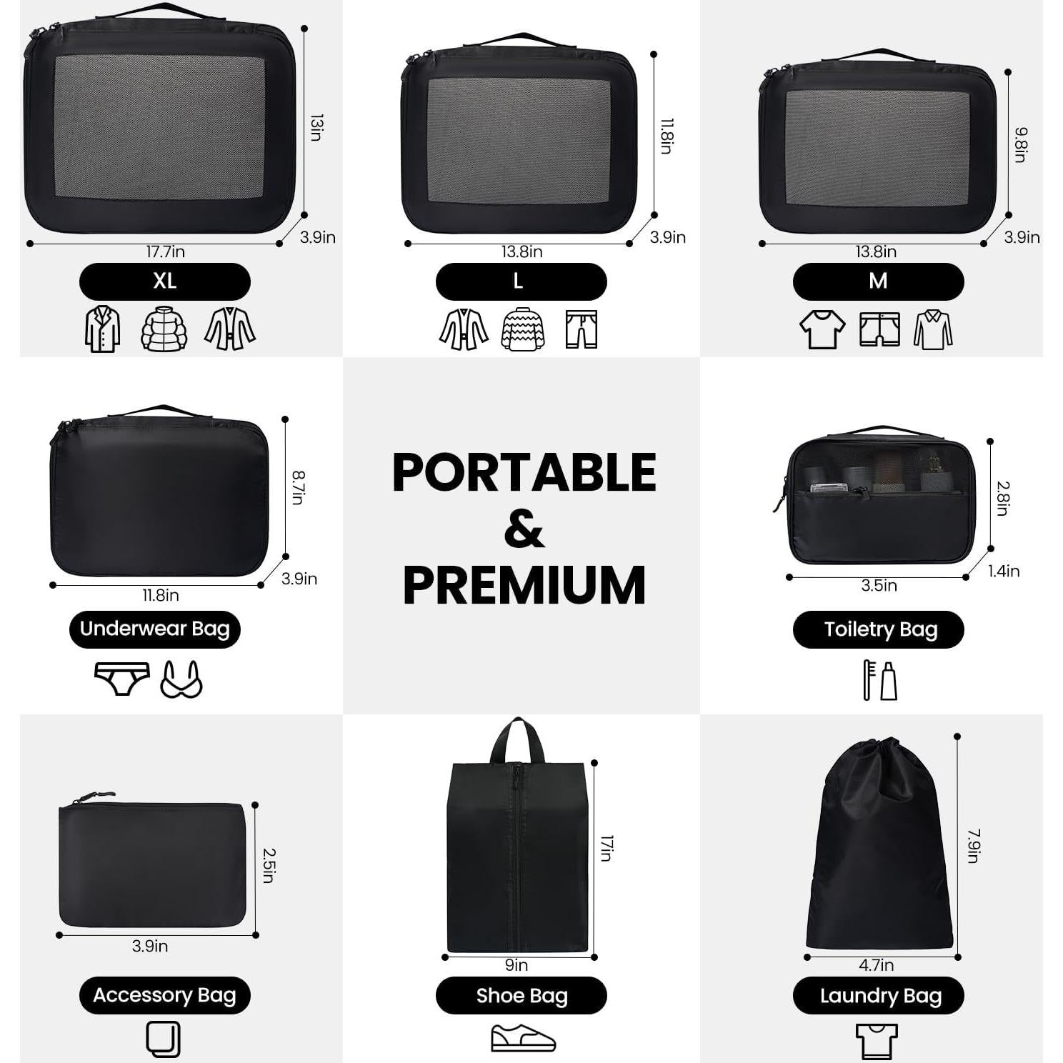 Cubos de Empaque Prezon 8 Set Organizador de Viaje Negro